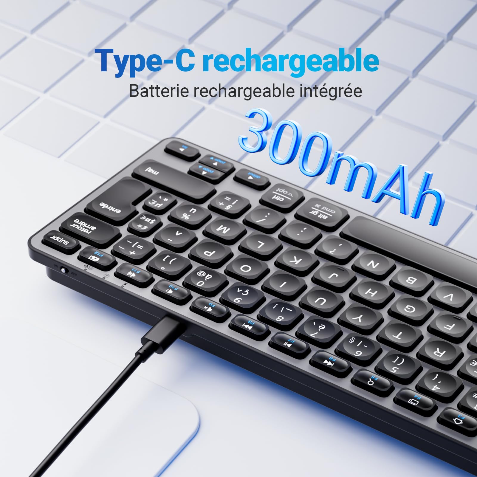 iClever Clavier Bluetooth, Clavier sans Fil, Compact, Ultra-Mince, Rechargeable, AZERTY Français pour iOS, Mac, Windows, Android,Gris