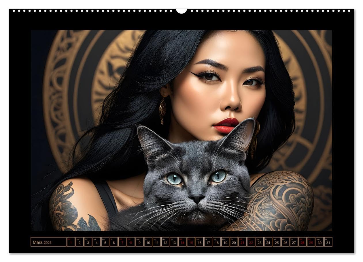 Geheimnisvolle Katzenfrauen (hochwertiger Premium Wandkalender 2026 DIN A2 quer), Kunstdruck in Hochglanz: Zauberhafte Porträts anmutiger Samtpfoten ... verführerischen Gefährtinnen (CALVENDO Tiere)