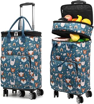 2 in 1 Shopping Cart with Wheels, Grocery, Portable Utility Dolly, Luggage Cart, Foldable Hand Truck with Built-in Removable Waterproof Bag for Shopping, Camping, Travel Animal World