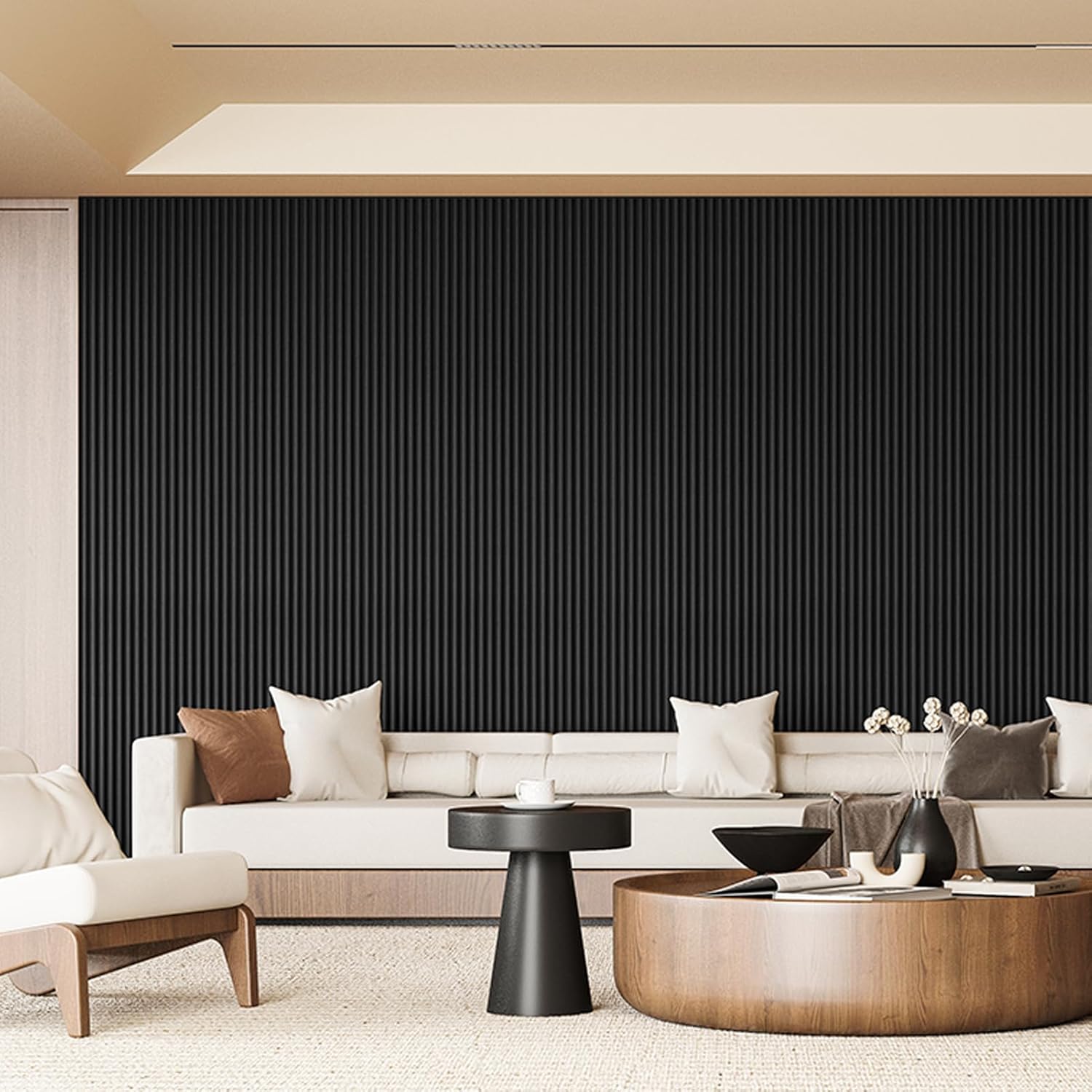 art3d fluted wood panel for wall and ceiling, beaded accent molding for home decoration, pack of 4pcs + 1pc end-trim, size 108 x 5.7in.- beaded black 108 x 5.7 inch beaded black