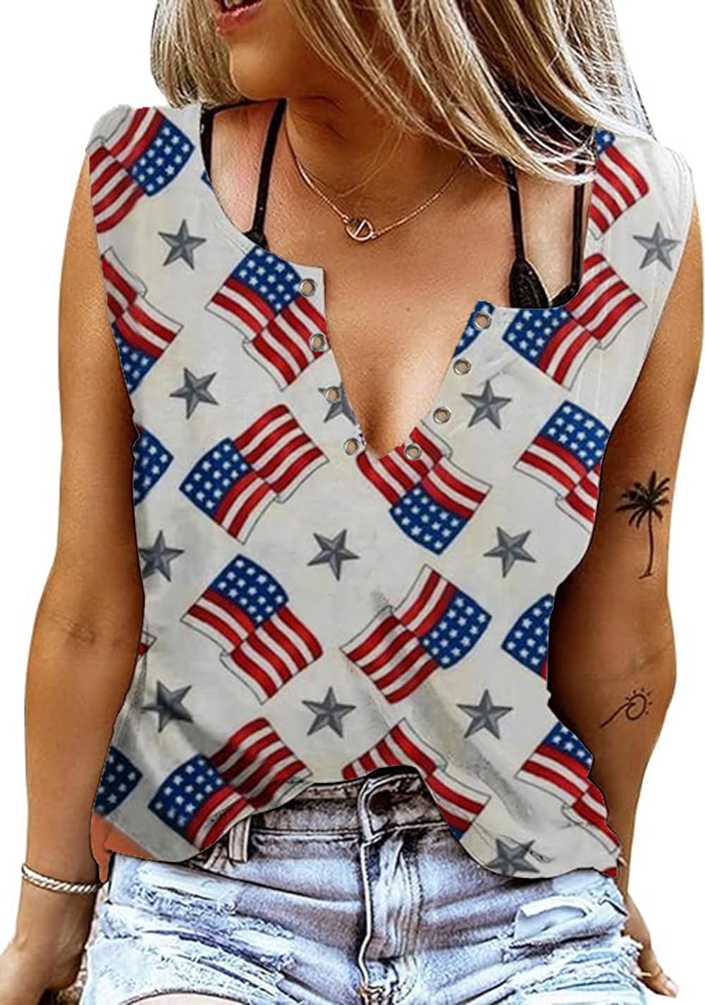 esoaripeWomens Halloween American USA Flag St Patrick's Day Clover Tank Tops V Neck Tee Patriotic 4th of July T-Shirt