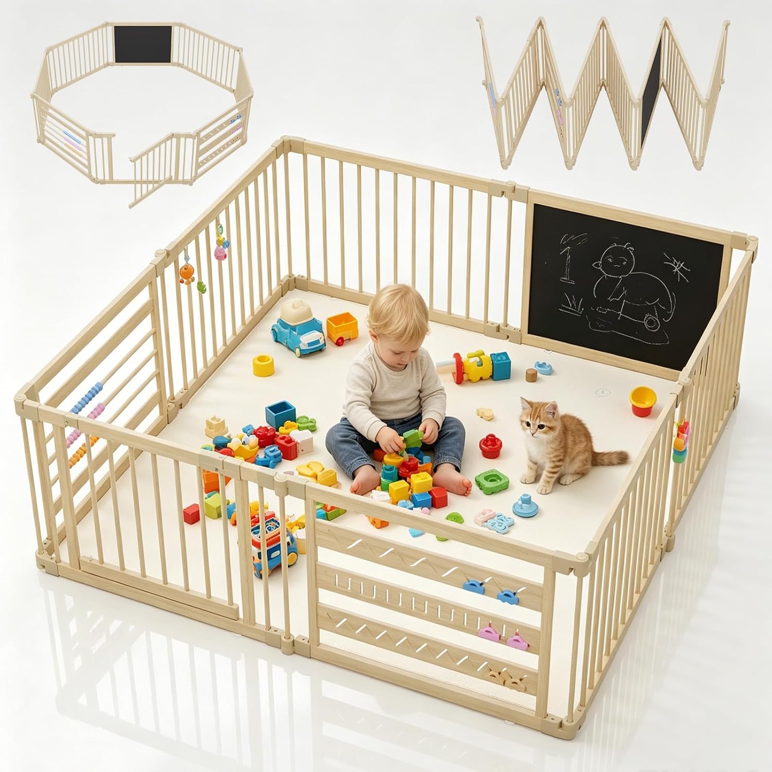 64x64in Foldable Wooden Baby Playpen with Gate, Child Safety Lock, Modular Indoor Play Yard with Suction Cups, Chalkboard & Activity Toys, Expandable Toddlers Playpens Great Gifts for Babies