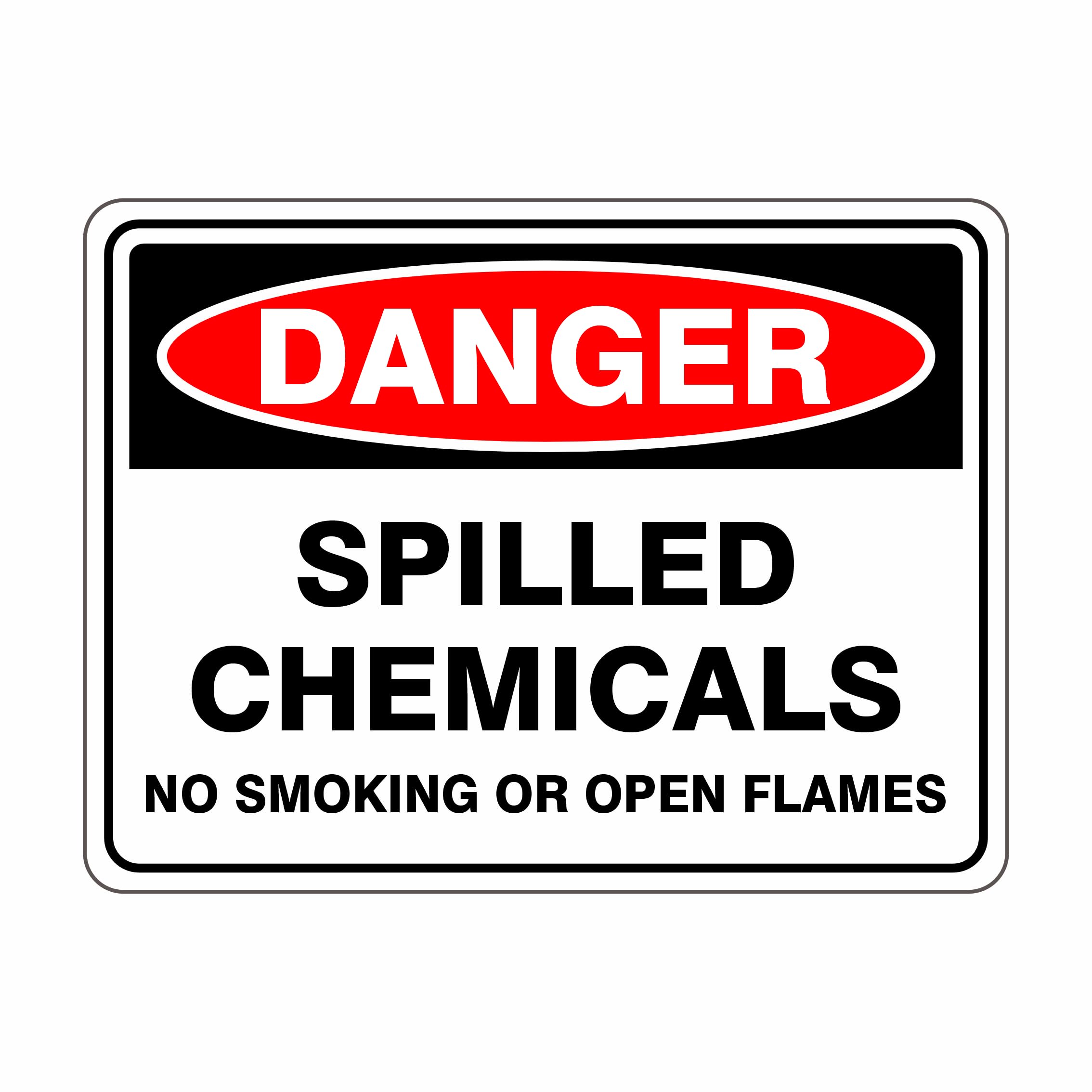 Spilled Chemicals No Smoking Or Open Danger Signs, 12x8 Metal Tin Sign, Chemical spill area, no fire or smoking.