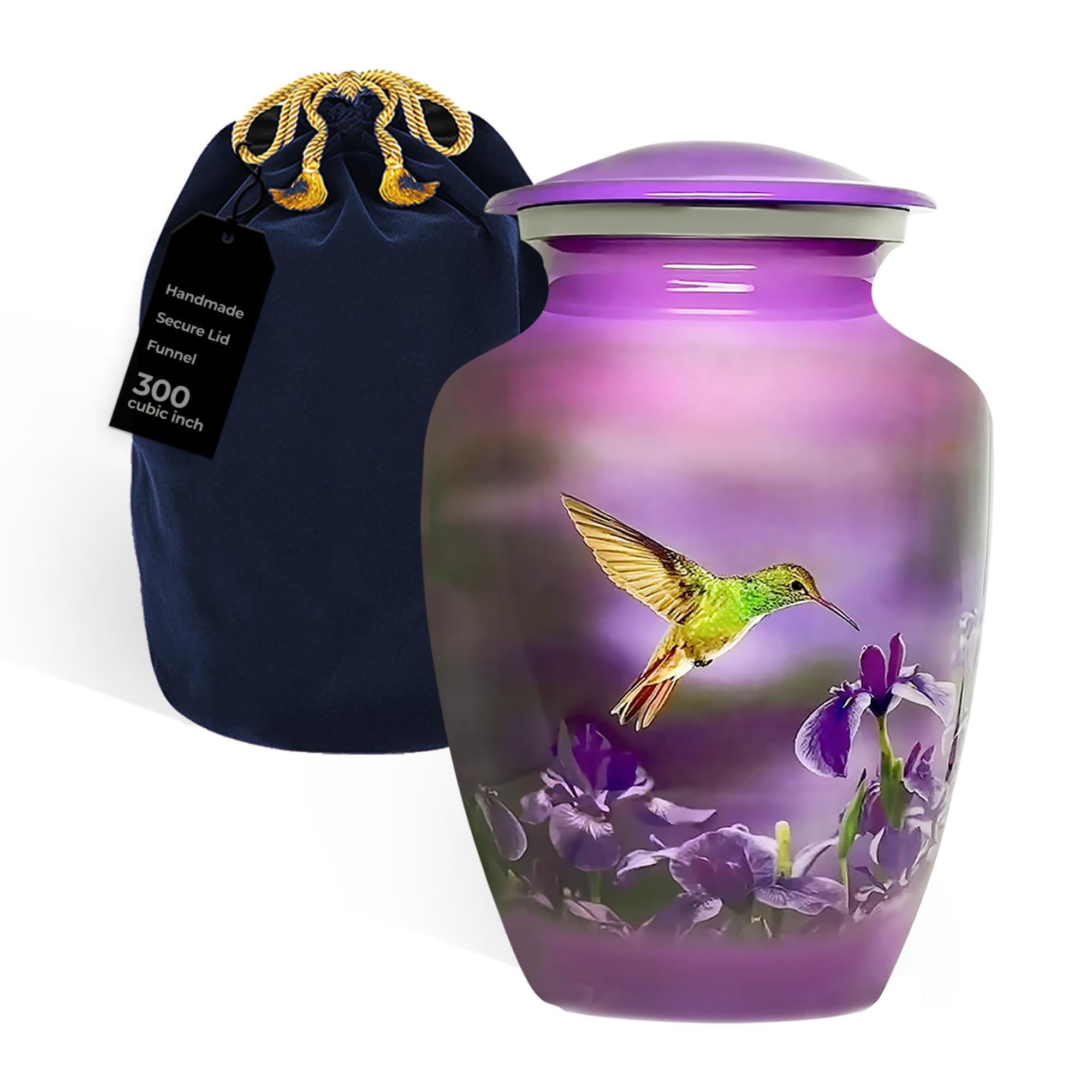 Trupoint Memorials Extra Large Urn for Ashes Adult Male or Female Up to 300 lbs, Cremation Urns for Human Ashes, Funeral Memorial Urns for Men & Women, Purple Hummingbird