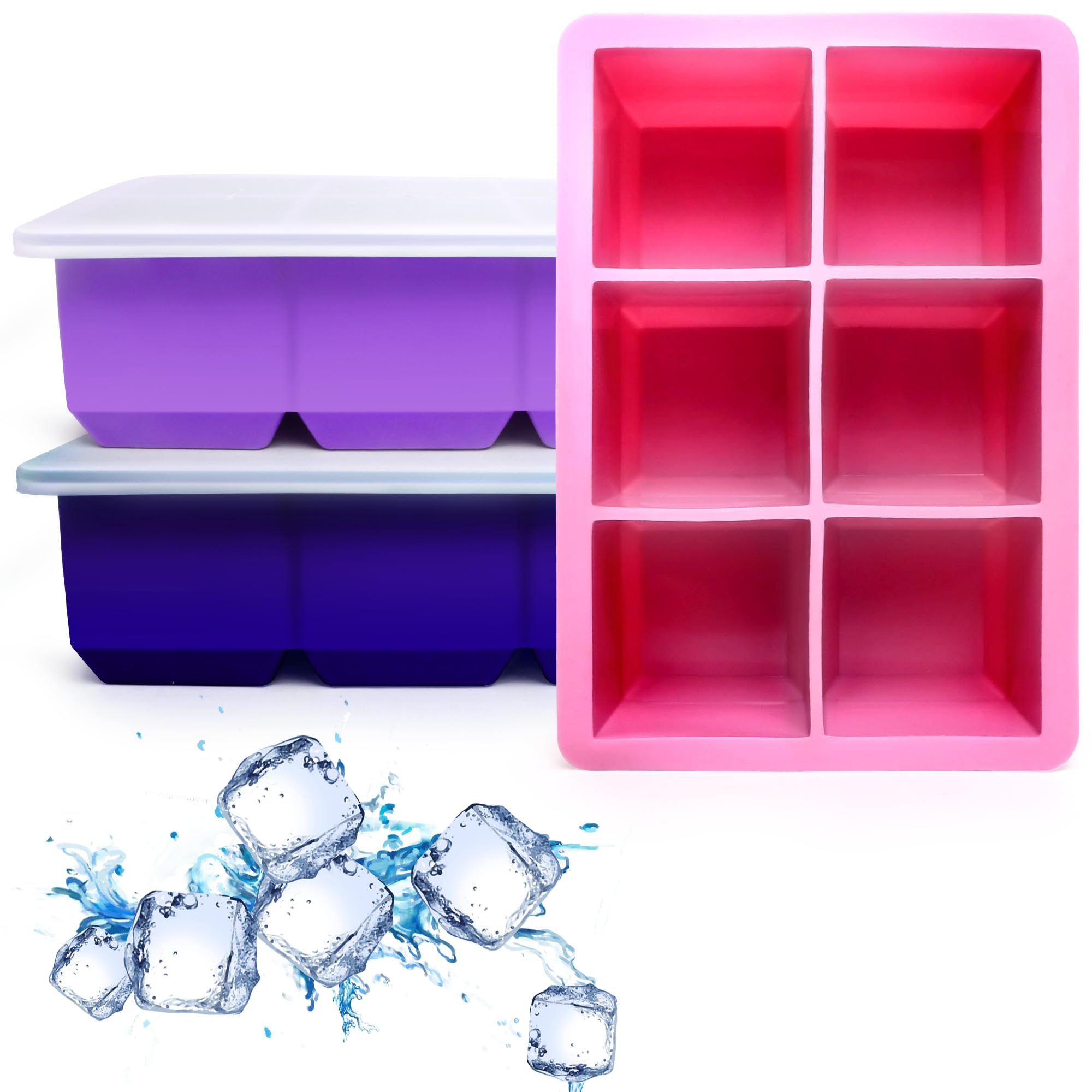 Silicone Ice Cube Trays 3 Pack - Large Size Silicone Ice Cube Molds with Leak Proof Removable Lid Square Ice Cube Tray And BPA Free for Cocktail,Whiskey, Stackable Flexible Ice