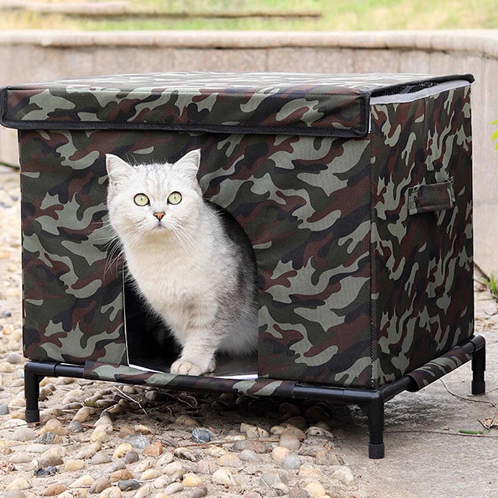 Casa per Gatti da Esterno Tenda Isolata E Calda | Base Rialzata Casa per Gatti Esterna Resistente alle Intemperie con Finestra Trasparente per Cani e Galline all'Aperto per