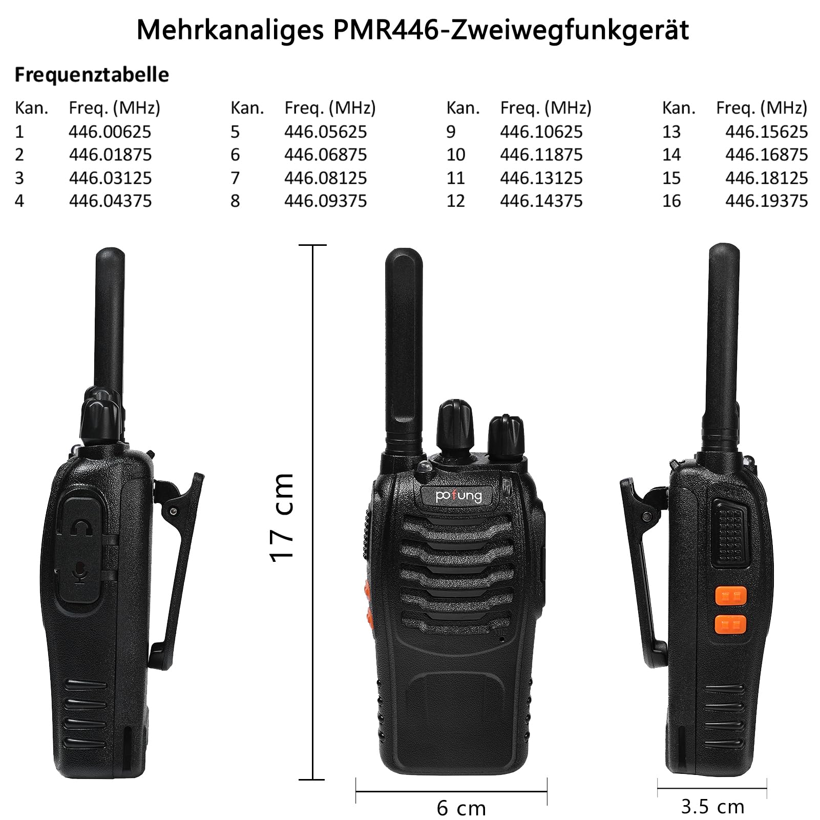 Walkie Talkie PMR446 Lizenzfreies Zwei-Wege-Funkgerät pofung PT88E 10 Stück | 16 Kanäle Professionelle wiederaufladbare Walkie Talkies großer Reichweite USB-Ladestation und Hörmuscheln Baustelle Schwarz