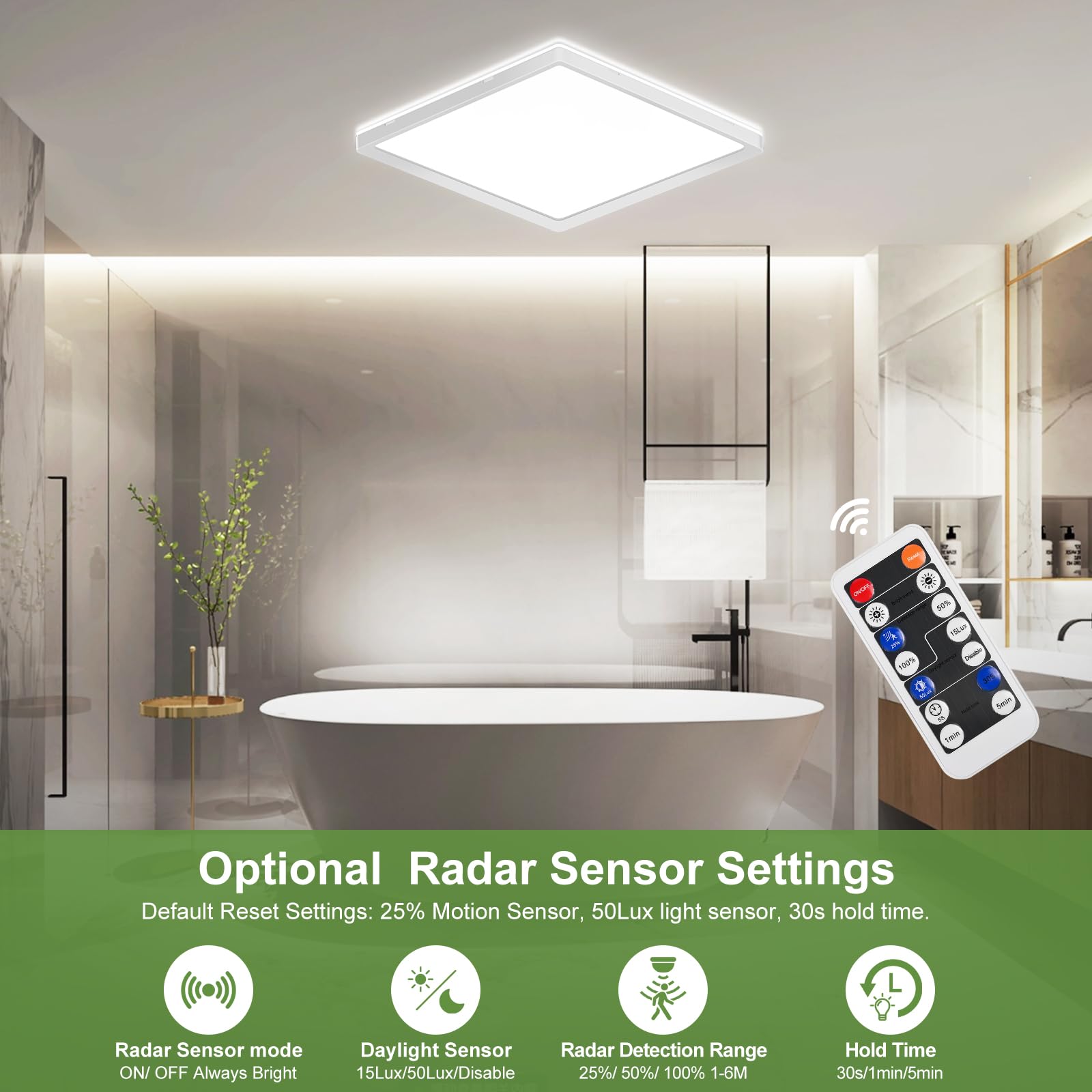 LEZOE 2PCS Lámpara de Techo LED con Radar Detector de Movimiento, LED Plafones dimmable 24W 2400LM Sensor Plafón Regulable, 3000K/4000K/6500K para Baño Garaje Escaleras Sótano Pasillo Balcón 30x2.5cm