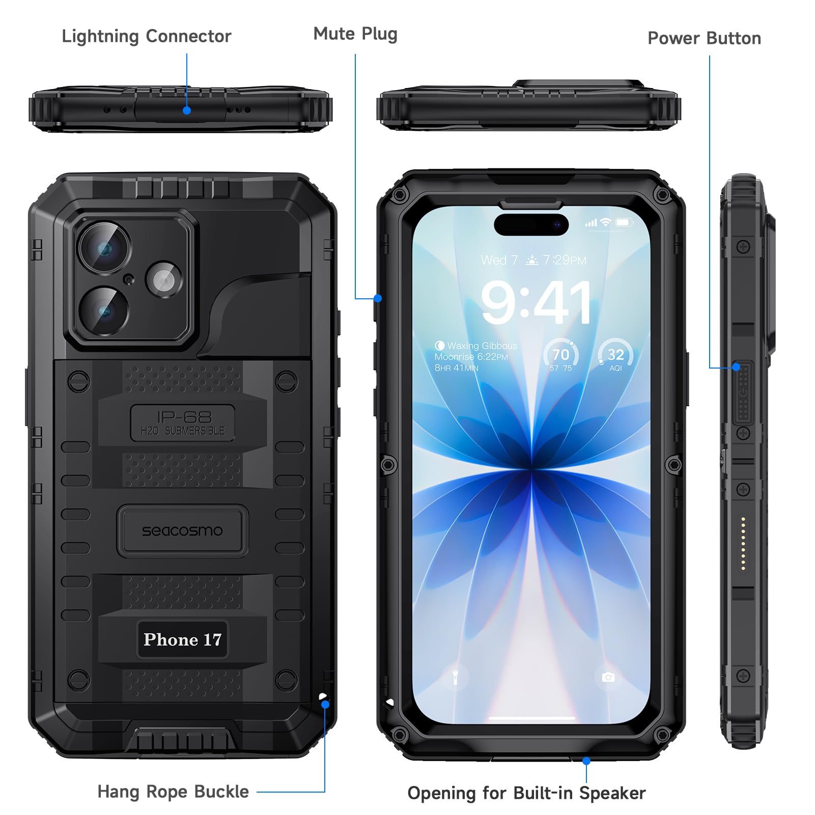 seacosmo Funda para iPhone 17 Impermeable, IP68 360 Grados Militar Protección Carcasa, Subacuática Waterproof Antigolpes Anti-Polvo Case con Protector de Pantalla/Cubierta de la Cámara, Negro