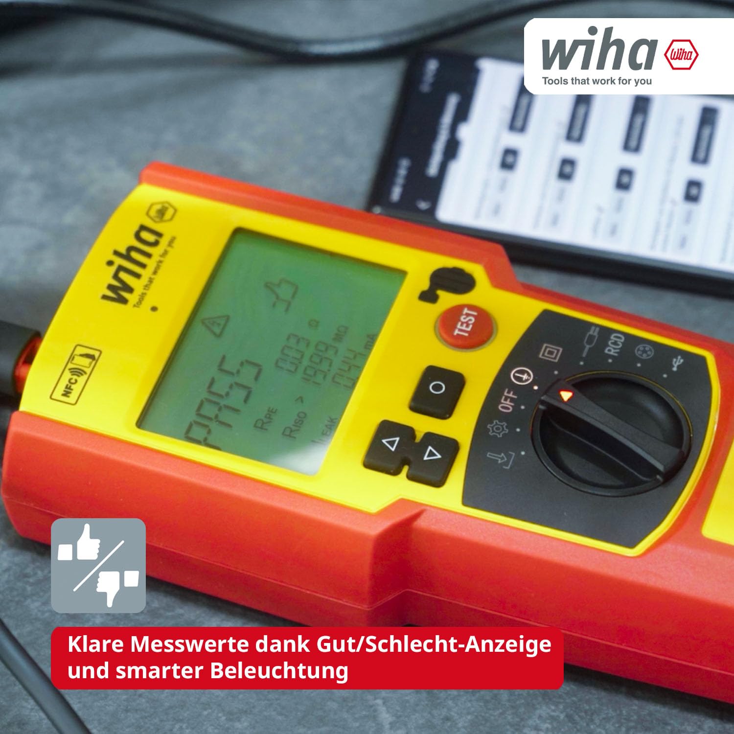 Wiha Gerätetester Set PAT one – Messgerät für Geräteprüfung DIN VDE 0701/0702 mit KI-Bilderkennung NFC-Dokumentation, Auto-Test FI/RCD-Prüfung, Koffer