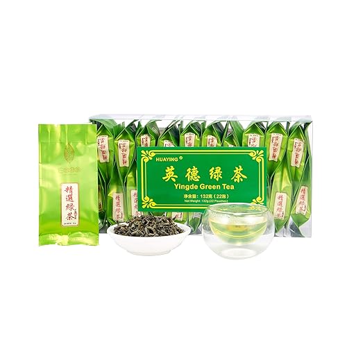 HUAYING - Té verde chino hojas sueltas, té Yingde, hoja de 4.6 onzas 4.66oz, paquete de 22 bolsas, camiseta verde, 8.5 x 4.4 x 2.4in