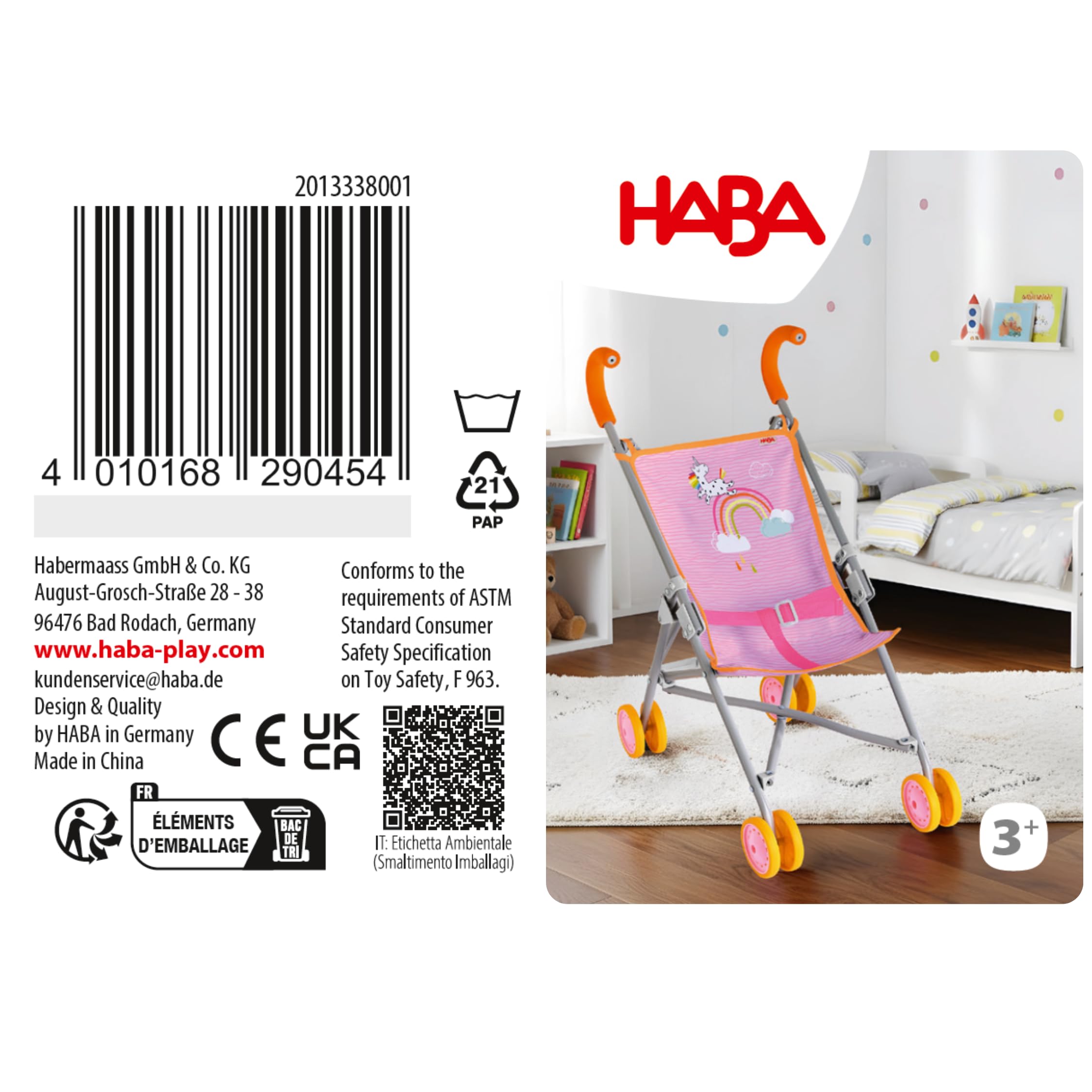 HABA Puppenbuggy Regenbogen – faltbar mit gepolsterten Griffen und Doppelrädern – für Puppen bis 45 cm – Puppenwagen für Kinder ab 2 & 3 Jahren – 2013338001