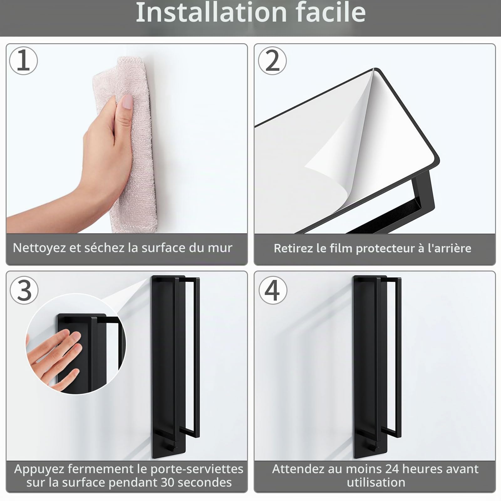 STWWO Porte-Serviettes sans perçage Support Serviette d'invité avec Crochet auto-adhésif 420x90x75mm Porte Serviette Roulé Murale pour Salle de Bain Cuisine, Acier Inoxydable, Noir