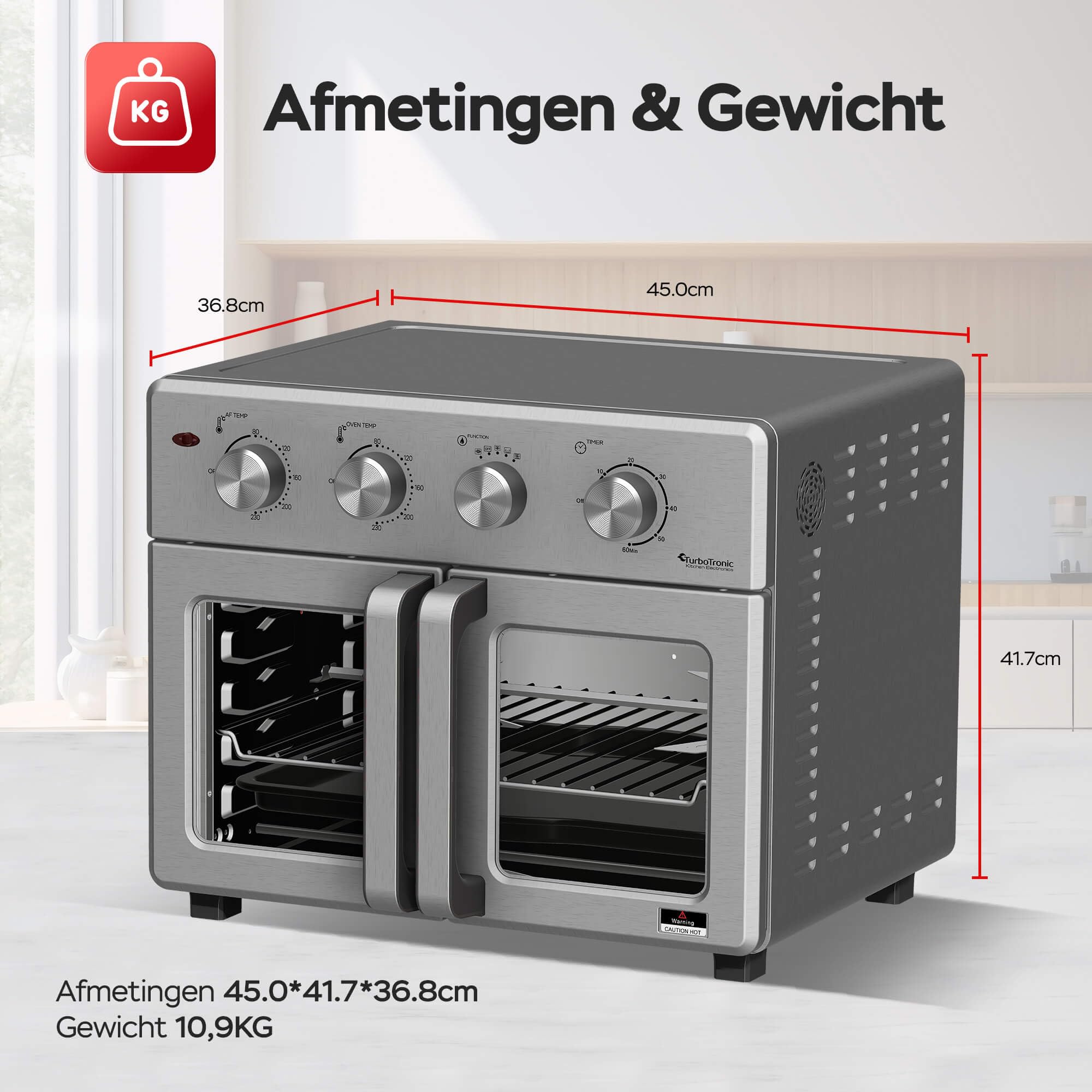 TurboTronic digitaler Heißluftofen - XXL 32 Liter mit Drehspieß für Hähnchen 4in1 Mini Backofen & Power Heißluftfritteuse Airfryer ab 80°C