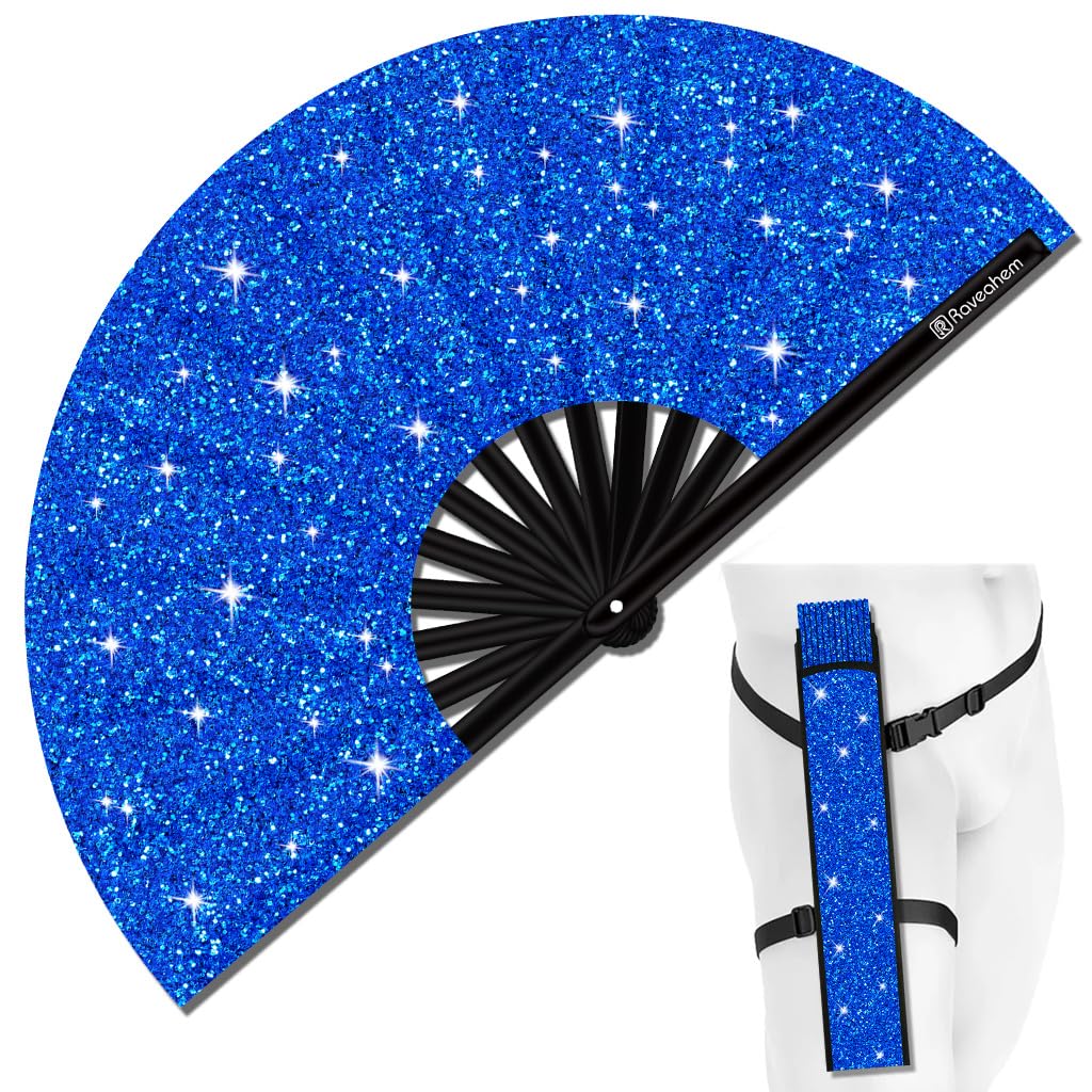 Glitter Large Rave Folding Clack Hand Fan with Holster, Popping Handheld Fan Foldable for Men Women for EDM Festival Club Party Dance, (Blue, Large 13")