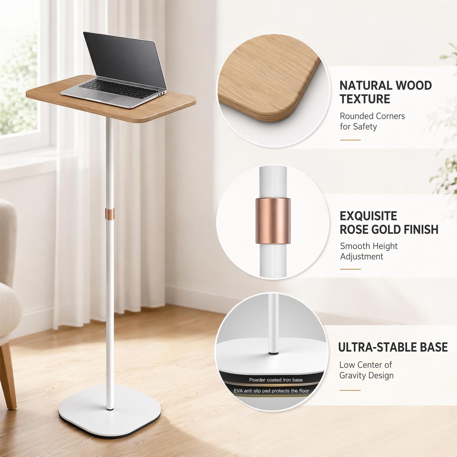 Leggio regolabile in altezza 46-120 cm, supporto portatile per laptop con ruote, tavolo regolabile per computer, tavolino portatile per ufficio, scuola, presentazione, divano e letto (bianco)