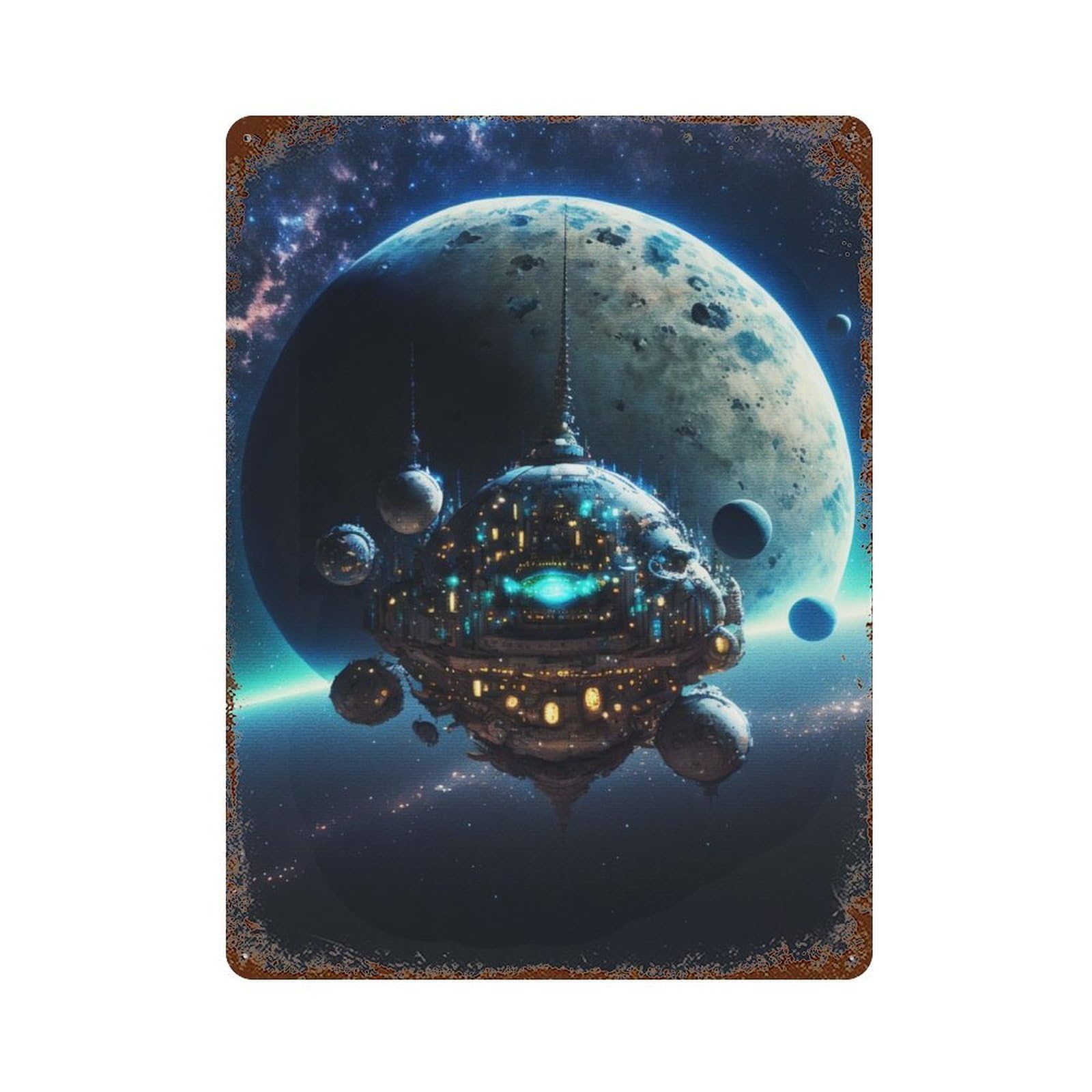 Distressed Metal Wall Sign with Space Planets Design 15.7"x11.8", for Living Room, Hallway And Home Decor, Vintage Wall Decor