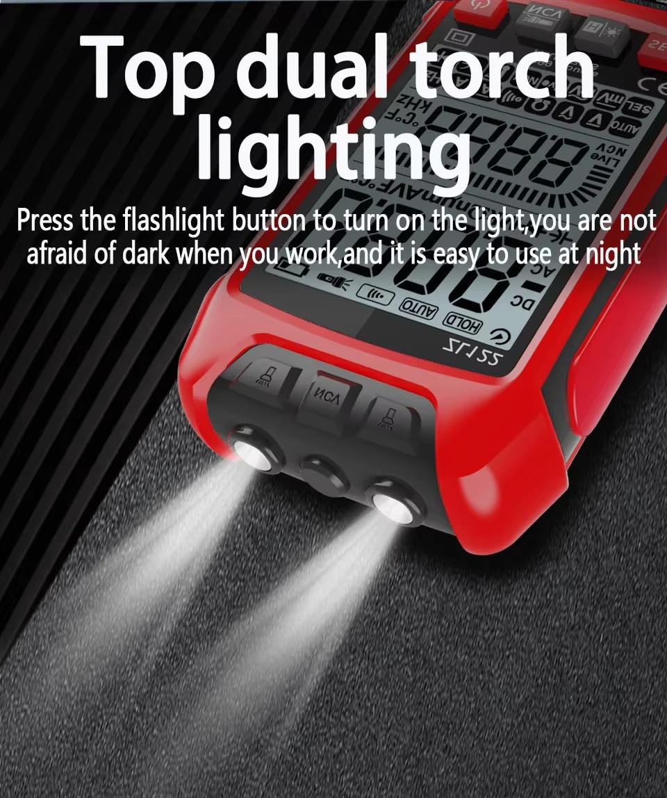 Close-up of the top of the ZLLJMETER ZL122 multimeter showing two bright LED flashlights illuminating a dark surface.