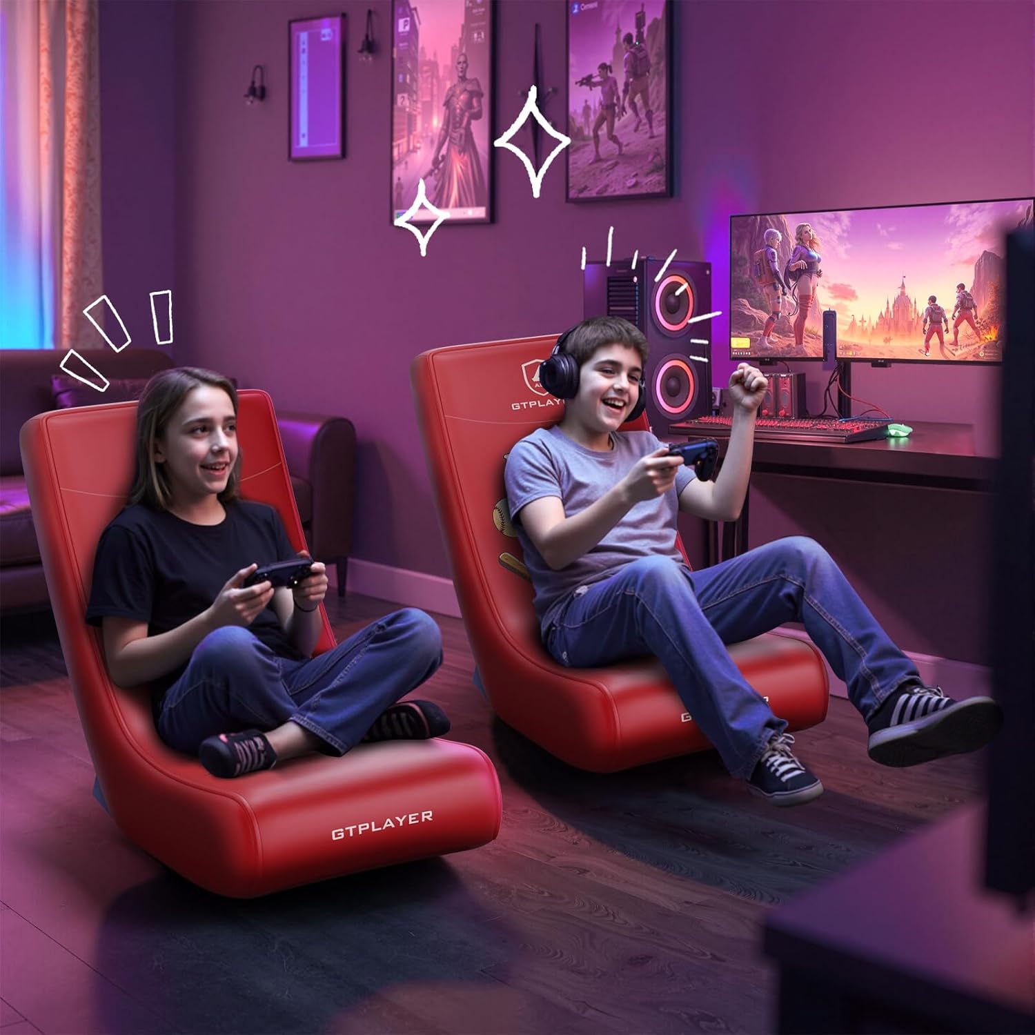 GTPLAYER Gaming Floor Rocking Chair – Rocker Floor Game Chair with Angle Limiter, Stylish Patterned Design, Comfortable Video Game Seat, Red Baseball Pattern