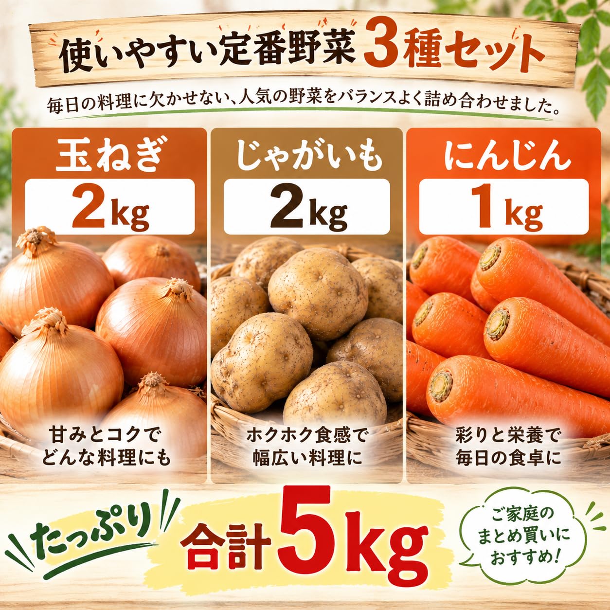 Amazon.co.jp: 【定番野菜3種セット 合計5kg】玉ねぎ 2kg じゃがいも
