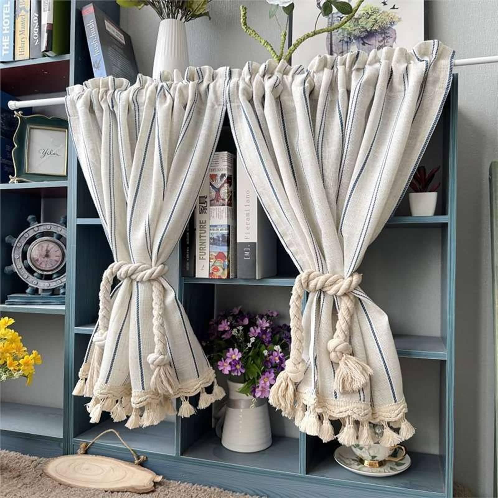 Gardinen Modern Wohnzimmer, 1 Stück 200x50cm Scheibengardine Küchengardinen Bistrogardine Halb Transparent Stores Streifenmuster mit Quaste aus Leinengarn, Vierklauen-Haken, Beigeweiß Marineblau
