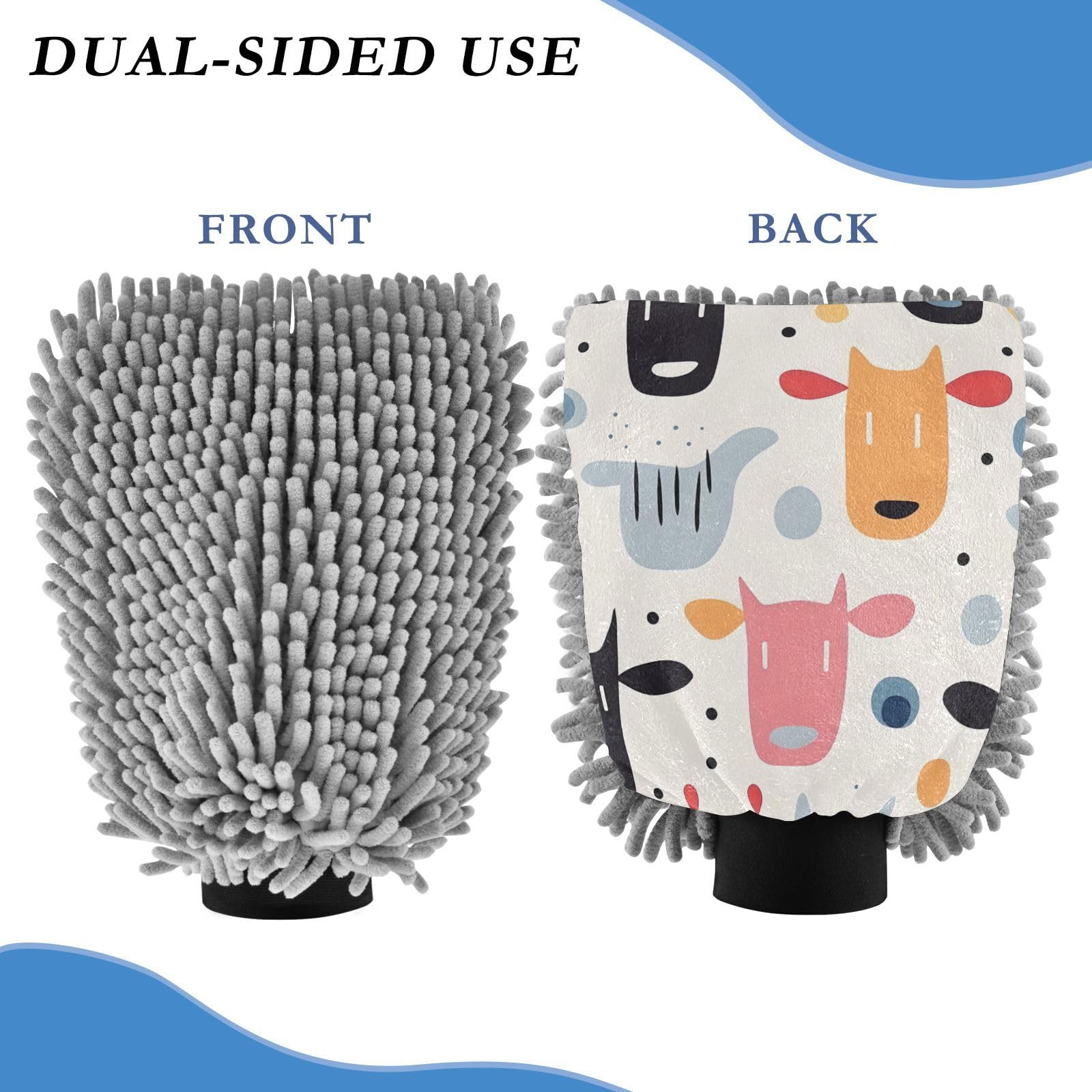 IOACIY Absorbent Microfiber Car Wash Drying Mitts, 2 Pack, Scratch-Free & Lint-Free, Rich Foam, Highly Absorbent, Double Sided, Wash Mitt Perfect for Car Washing, L, Cute Illustration Cow