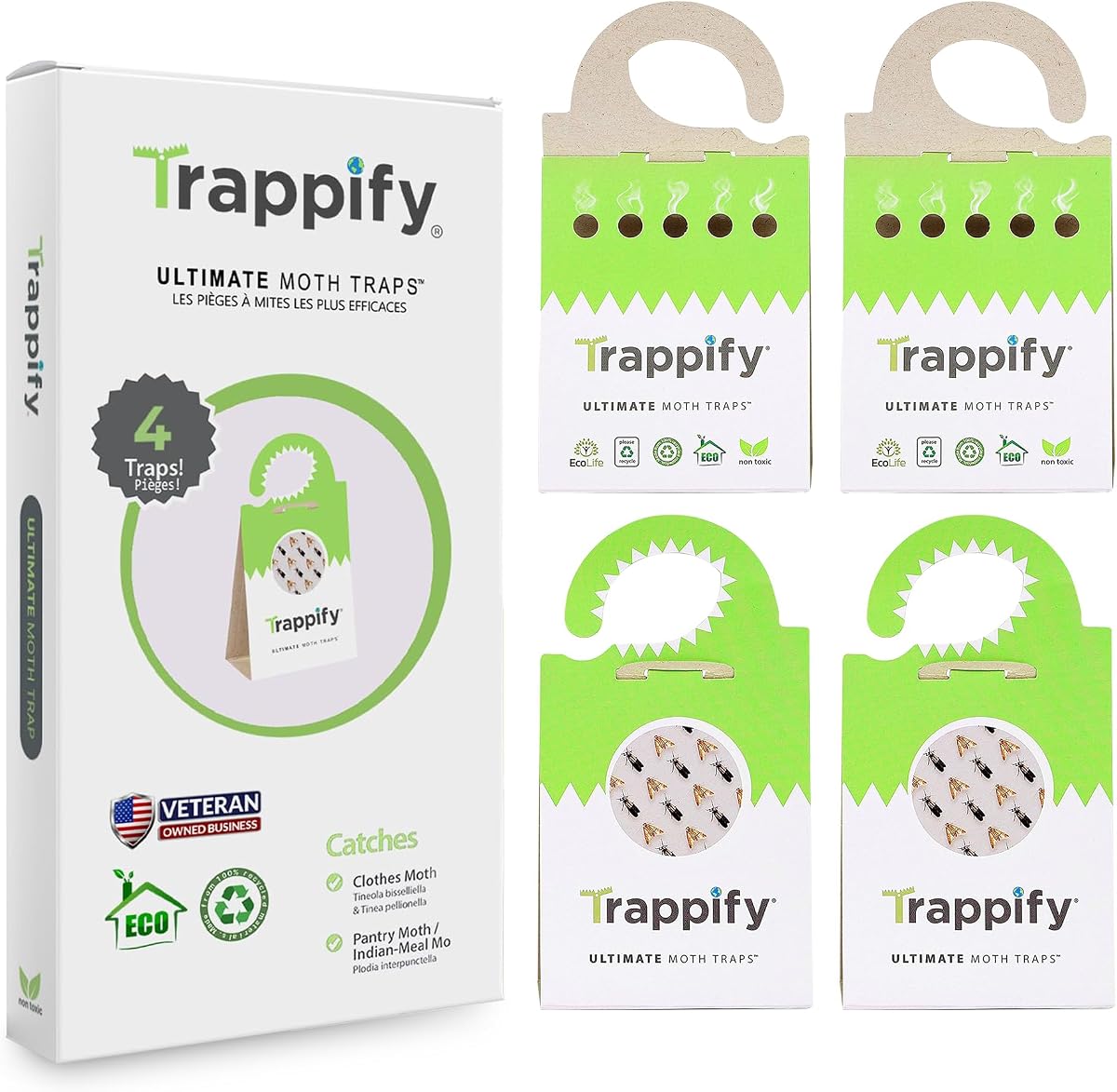Trappify Ultimate Moth Traps: Moth Balls, Adhesive Moth Traps for Clothes - Effective Pantry Moth Traps for Home, Kitchen, Closet, Cabinet, Storage Rooms, Cupboard | Easy Setup (4 Pack)