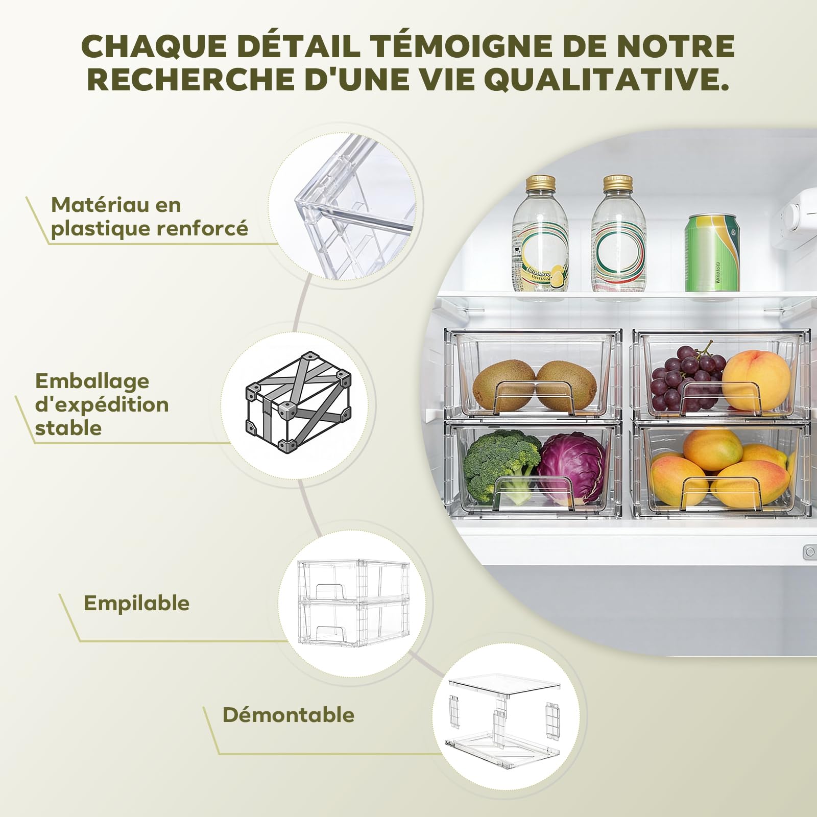 Lot de 4 Tiroirs de Rangement Empilables – Organisateur Transparent en Acrylique avec Poignées, Montage Facile pour Salle de Bain, Armoire, Dressing & Maquillage