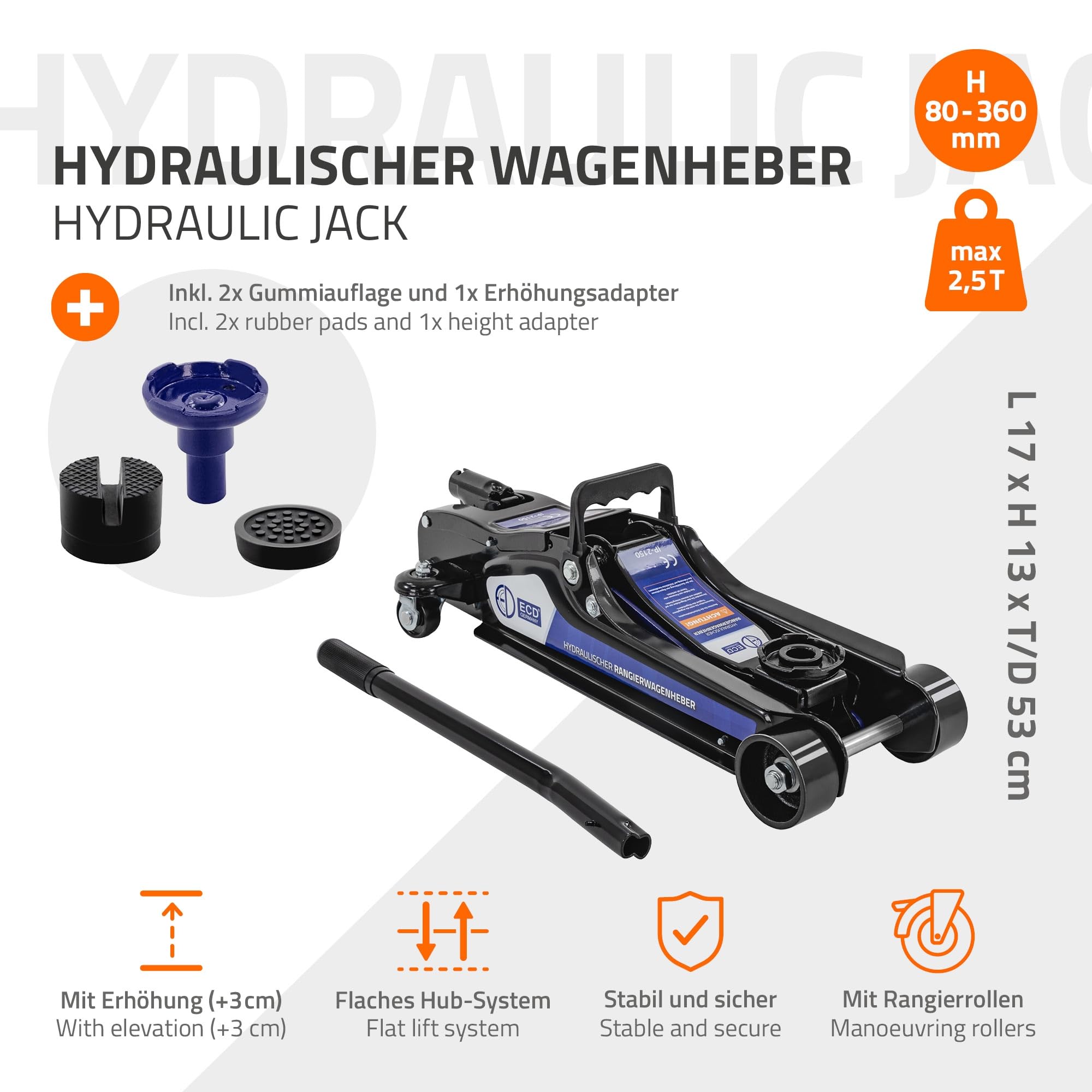 ECD Germany Gato Hirdráulico de Coche 2,5T, Altura de Elevación 80-360 mm, 2X Almohadilla de Goma + 1x Adaptador SUV, Levantador Negro con Rodillo 360° Ergónomico, Fácil de Usar