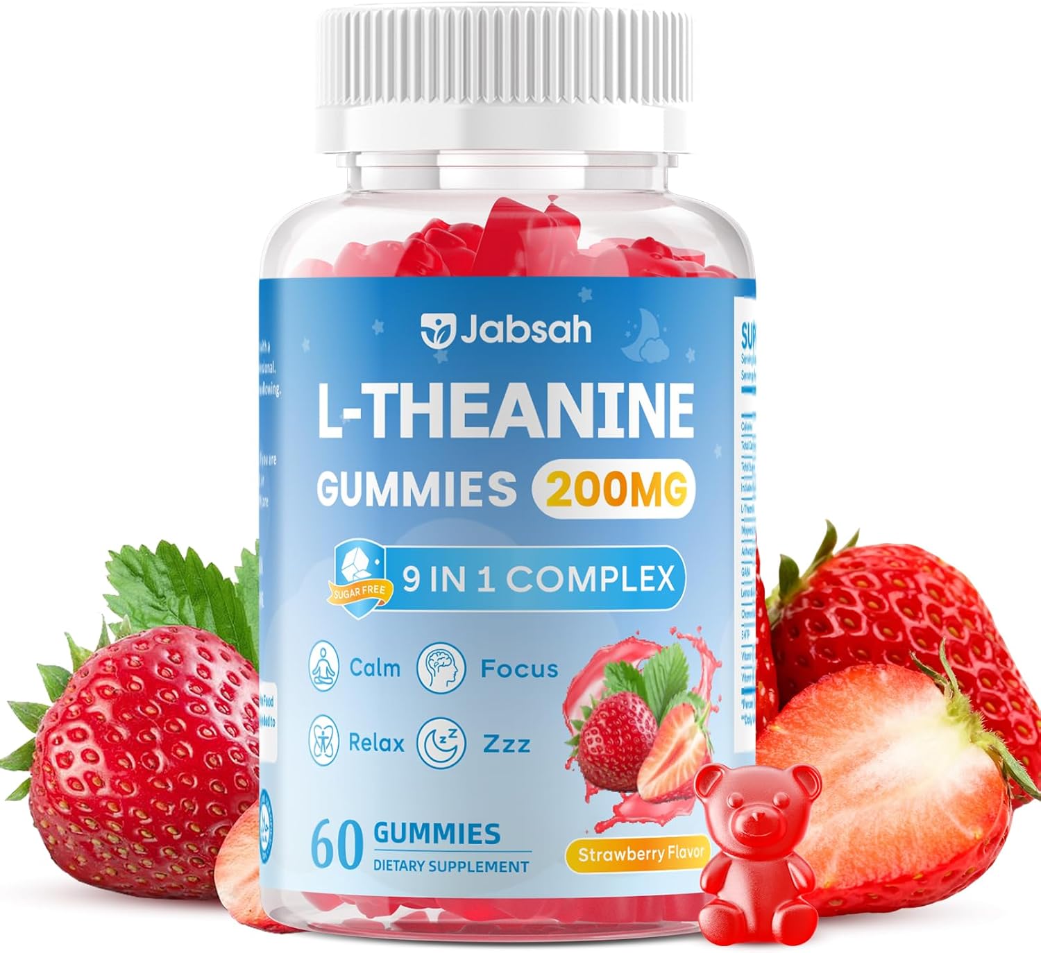 L-Theanine Gummies for Kids & Adults, L Theanine Supplement with Magnesium Glycinate, Ashwagandha, GABA, 5HTP for Calm, Relax, Zzz & Focus Support, Vegan Strawberry Flavor, 60 Count