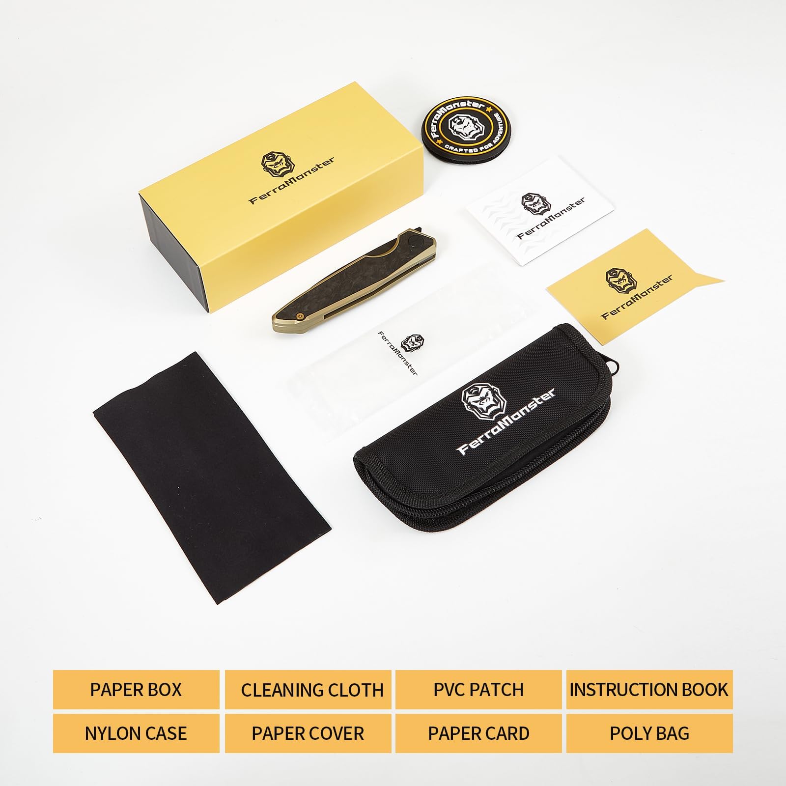 Taschenmesser Klappmesser Outdoor Messer Survival Messer EDC Einhandmesser mit Taschenclip, Tasche - M390 Stahl, Griff mit Titan- und Kohlefasereinlage - Männer Geschenk (Black & Golden)