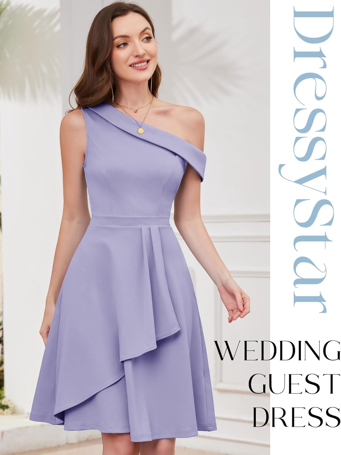 Dressystar Women One Shoulder Ruffle Wedding Guest Dress Spring A Line Wrap Knee Length Cocktail Formal Dresses with Pockets - Image 5