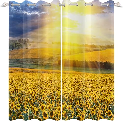 Renaiss Cortinas opacas con diseño de girasoles de amanecer, vida campestre, tierras de cultivo, dormitorio, paisaje natural, cortinas amarillas