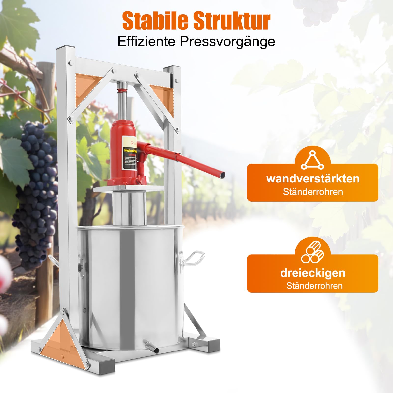 Prensa de vino de frutas 3T 304 de acero inoxidable, prensa hidráulica de vino de 12 l, de acero inoxidable, con cubo de filtro interior, bandeja sanitaria, 1 gato hidráulico y 1 soporte