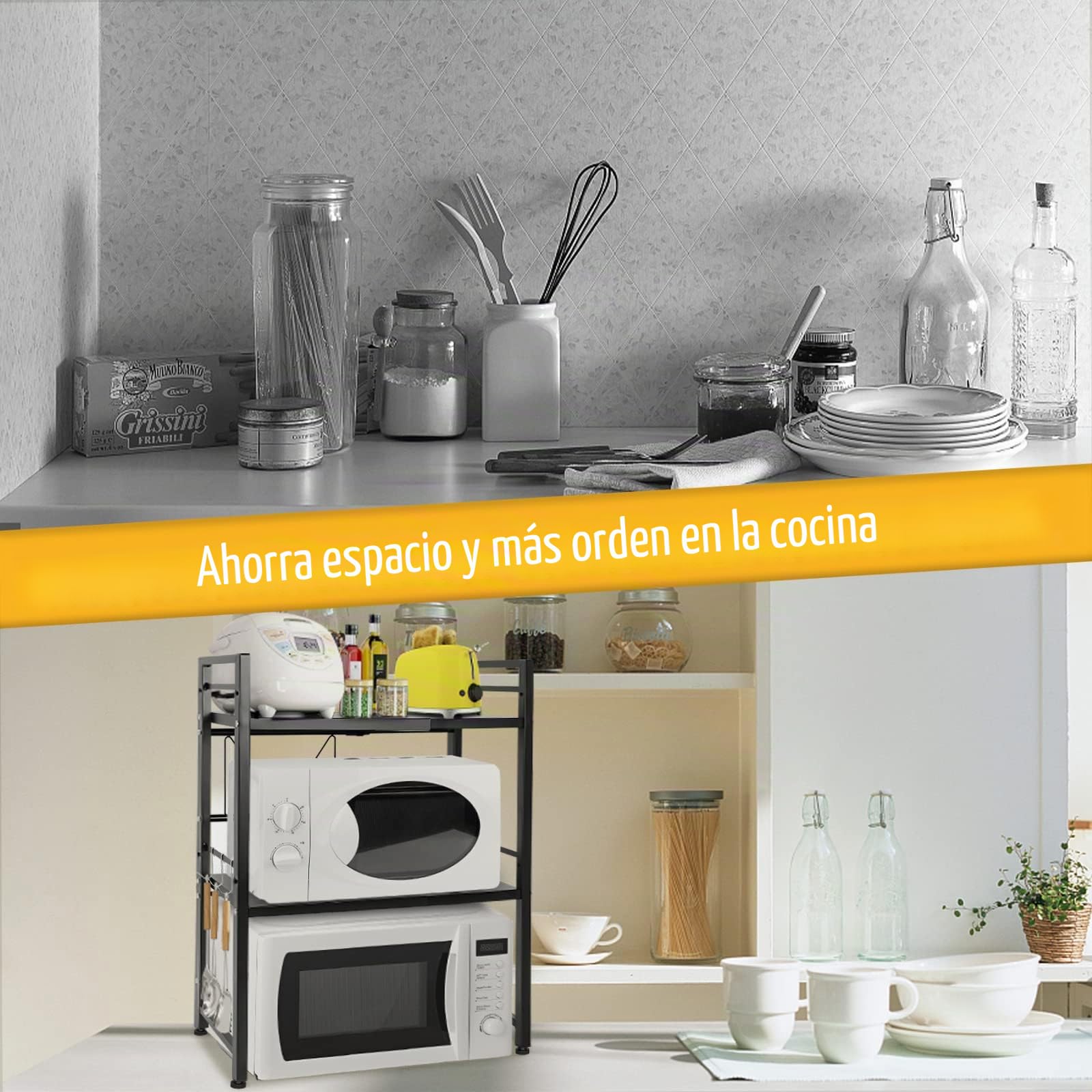 OUUTMEE Estantería expandible para microondas, estantería para microondas ajustable en altura de acero al carbono, organizador de mesa de cocina plegable para tostadora (negro de 3 niveles)