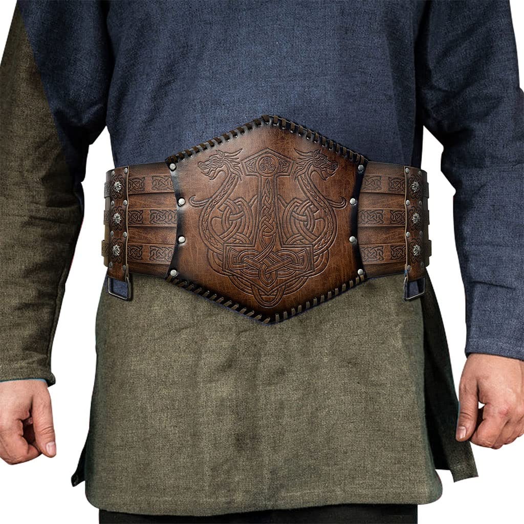 Ceintures larges médiévales vikings en cuir marron gaufré pour cosplay et LARP