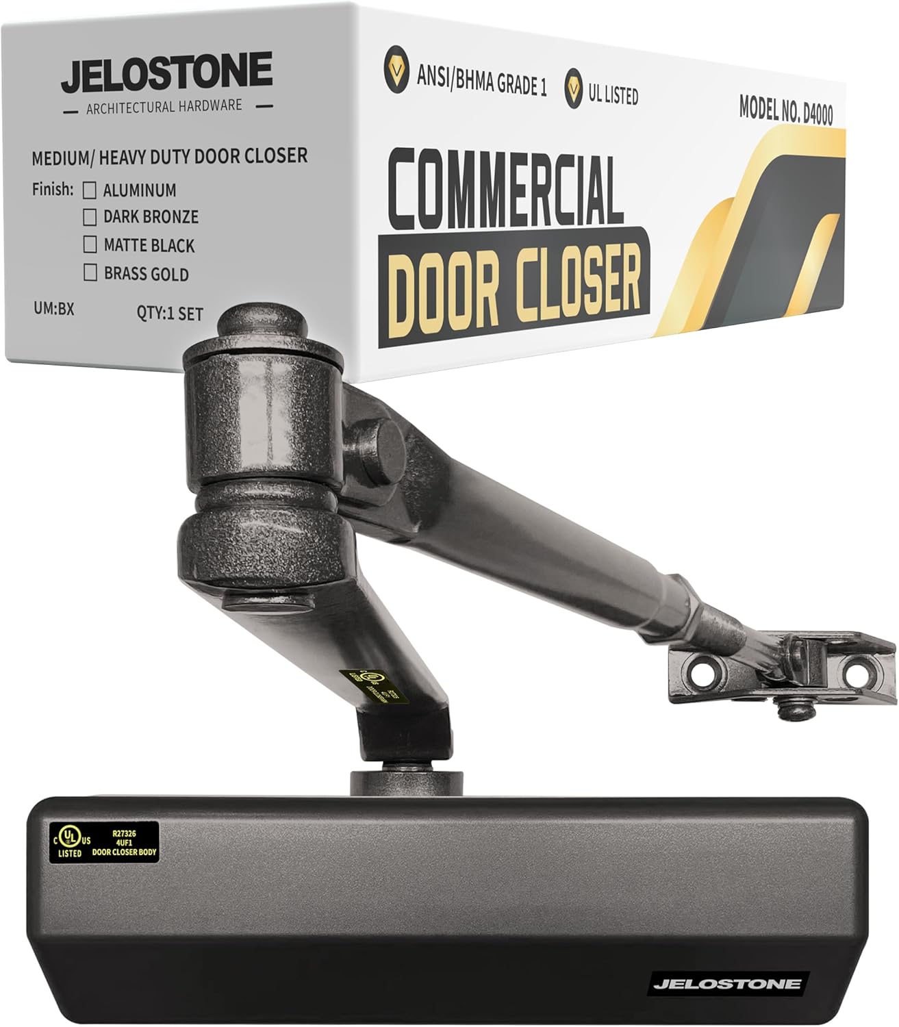 Medium/Heavy Duty, Commercial Door Closer D4000, ANSI Grade 1, UL 3 Hour Fire Rated, ADA Compliant, Adjustable Spring Size 1-6 for Doors (44-330lb, 30-60 in), Indoor/Outdoor (Dark Bronze)