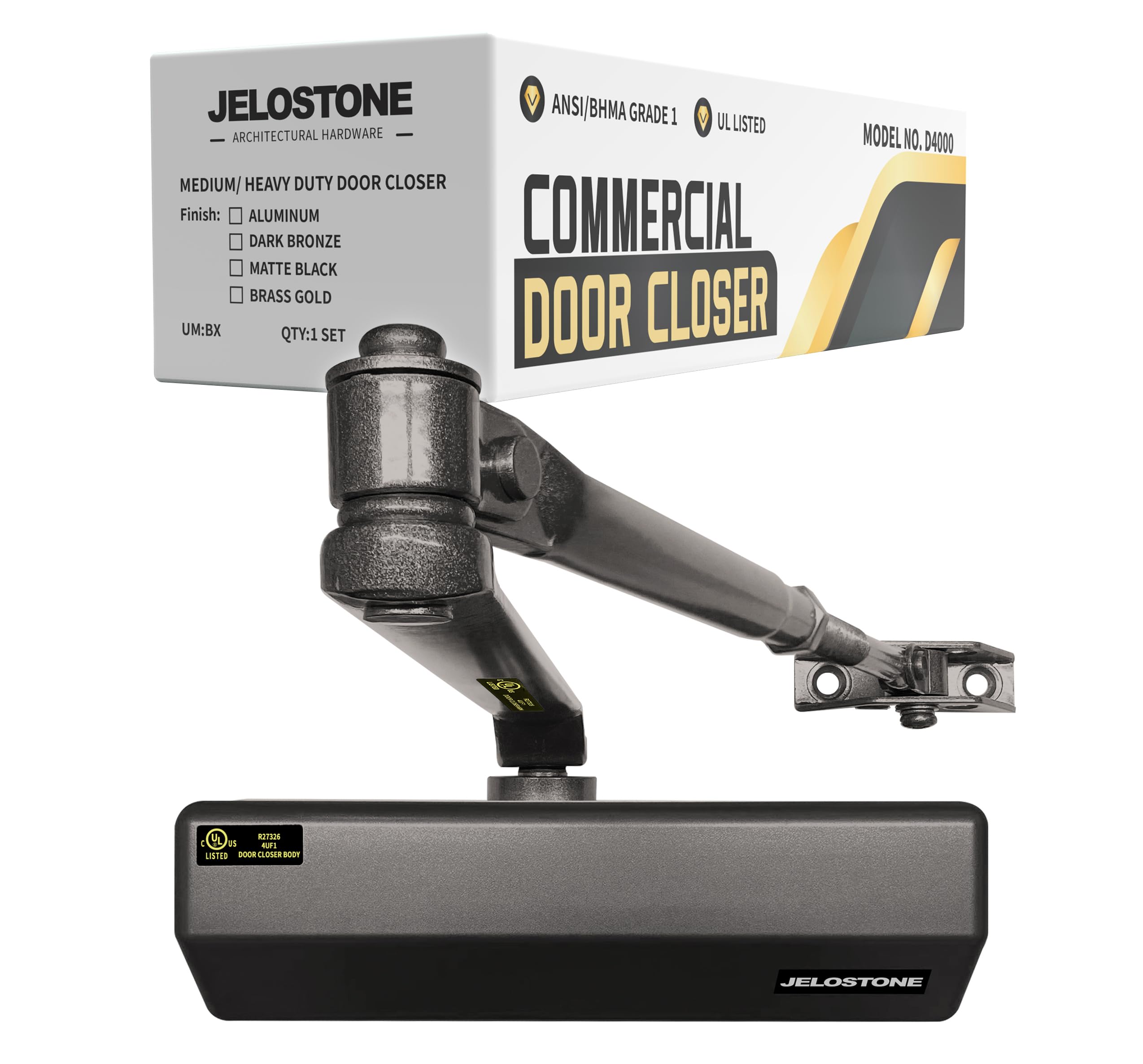 Photo 1 of JELOSTONE Medium/Heavy Duty, Commercial Door Closer D4000, ANSI Grade 1, UL 3 Hour Fire Rated, ADA Compliant, Adjustable Spring Size 1-6 for Doors (44-330lb, 30-60 in), Indoor/Outdoor (Dark Bronze)