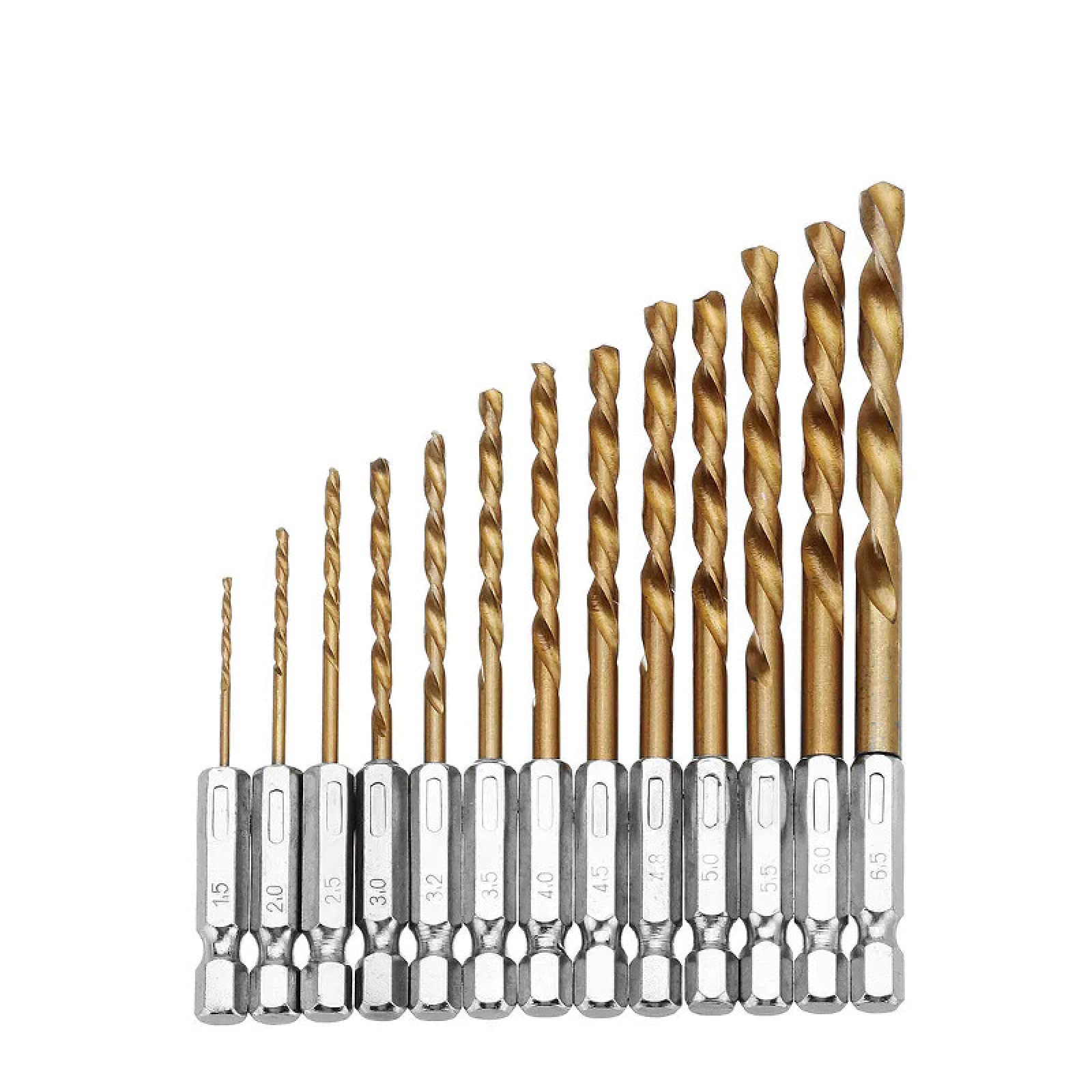 13Pcs 6.35mm 1/4 "Hex Shank 1.5-6.5mm Punte Da Trapano HSS Acciaio Ad Alta Velocità Rivestito Di Titanio Punta Del Trapano Set Utensili Elettrici Accessori