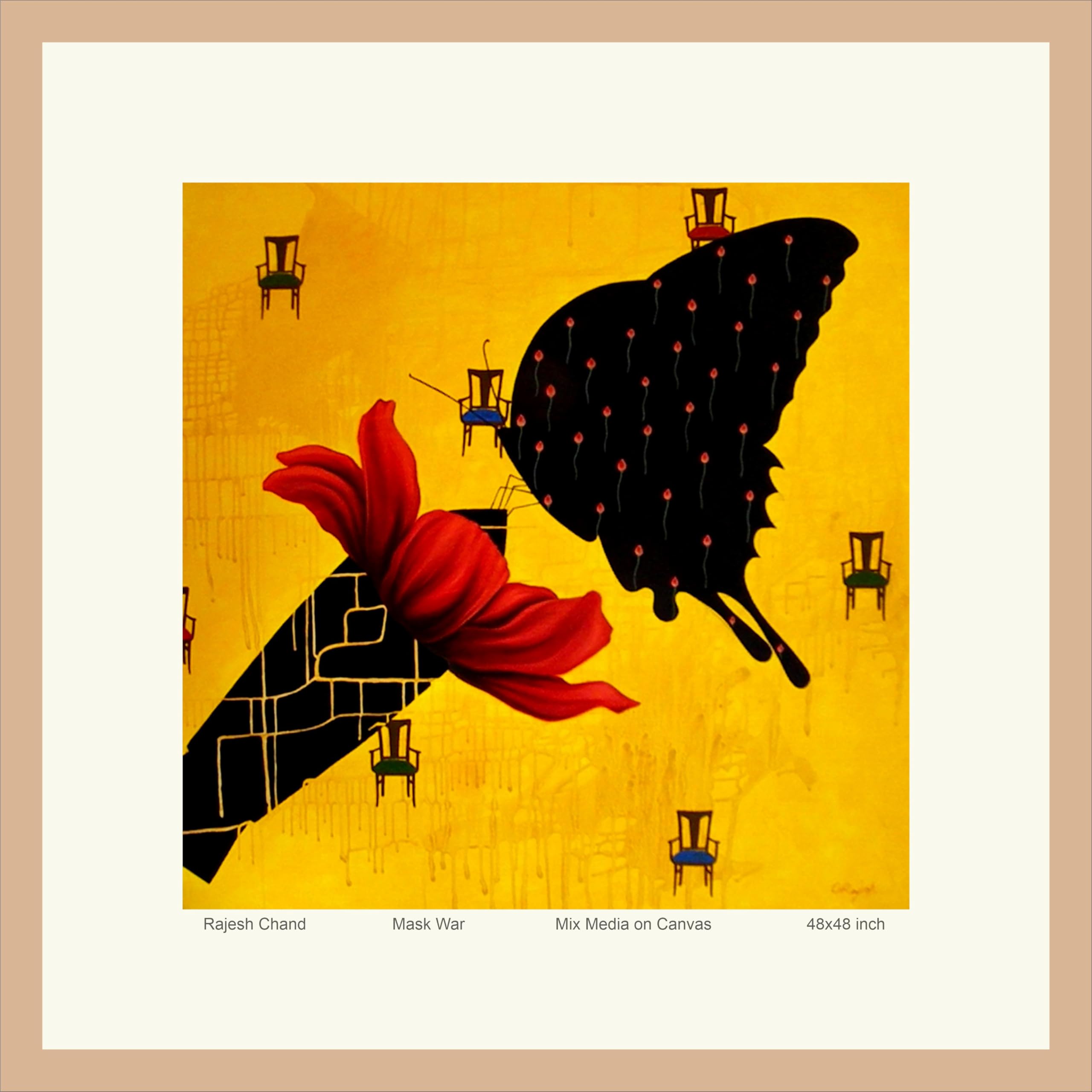 Original Art Print by Rajesh Chand, Title- Mask War, Contemporary Art, Multicolour, Print Size- 33x33 CM (With Frame)