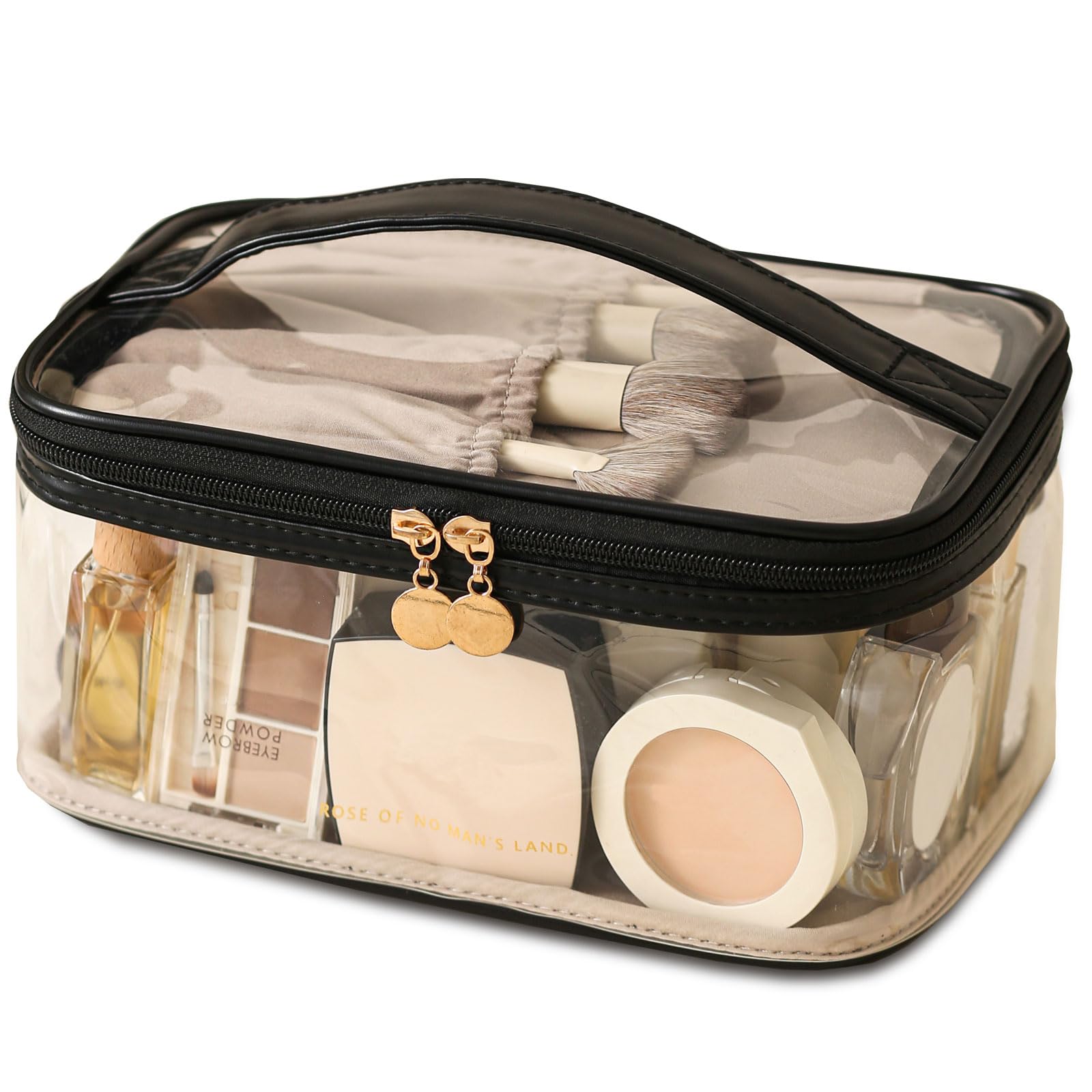 Large Clear Makeup Bag Big Cosmetic Bags Waterproof Toiletry Orangizer with Handle Transparent Toiletries Case Travel Pouch for Women Girls Daily Beauty Purse Essentials Skincare Bag Black