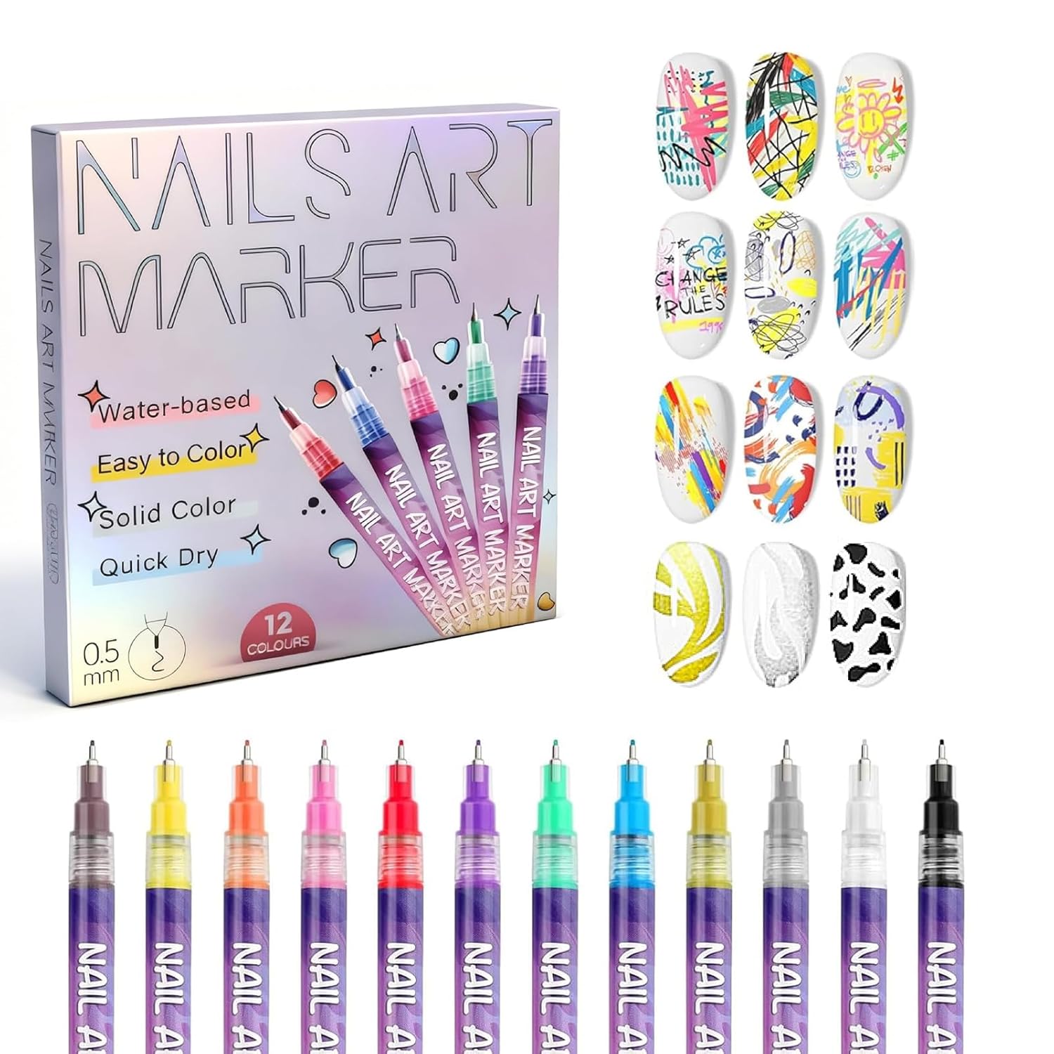 12 Colors 0.5mm Fine Tip Nail Art Pens Set - Precision Markers for DIY 3D Manicure, Drawing & Nail Designs