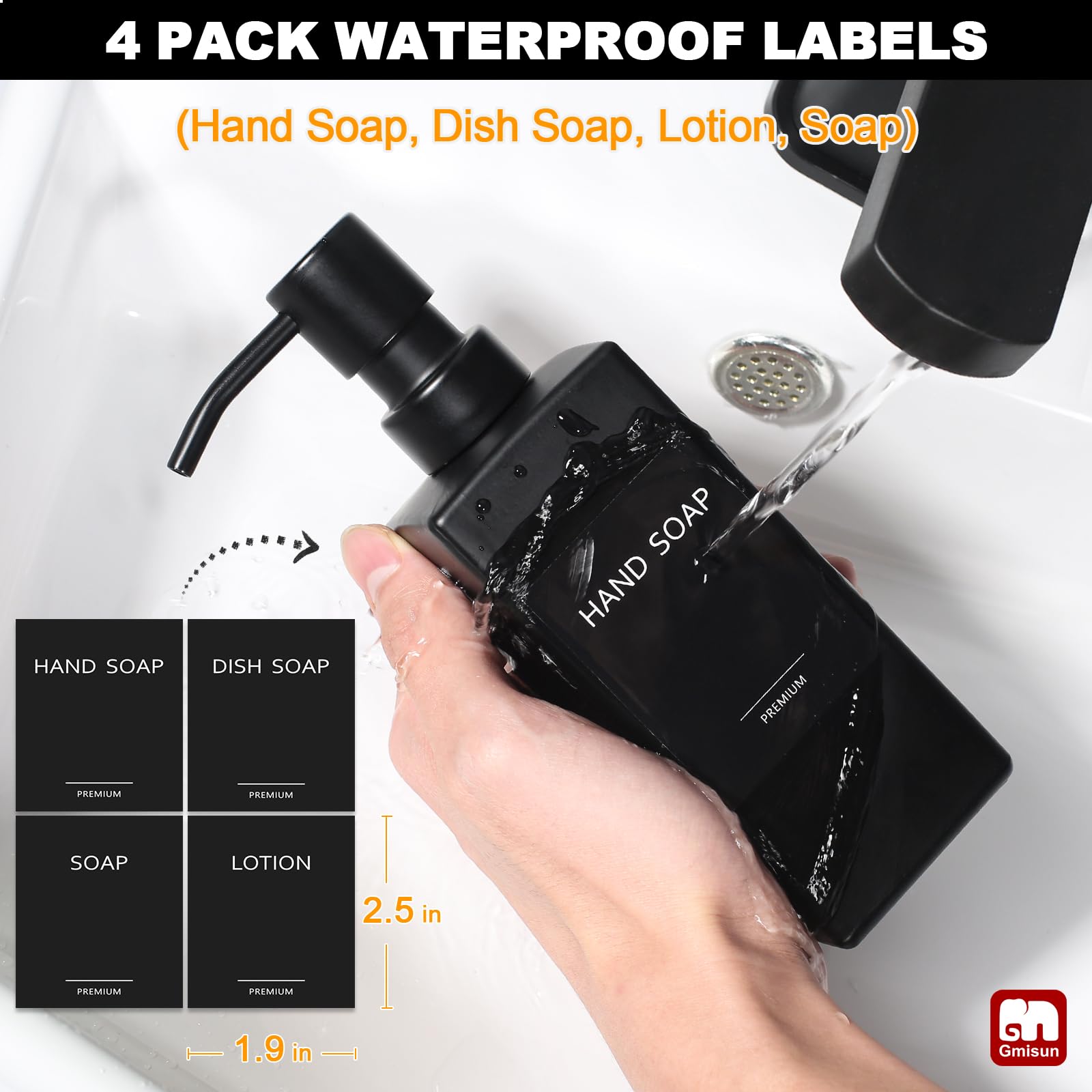 GMISUN Dispensador de jabón negro, dispensador de jabón de manos para baño, dispensador de jabón de vidrio de 12 onzas con bomba de acero inoxidable, dispensador de jabón líquido para cocina, juego de