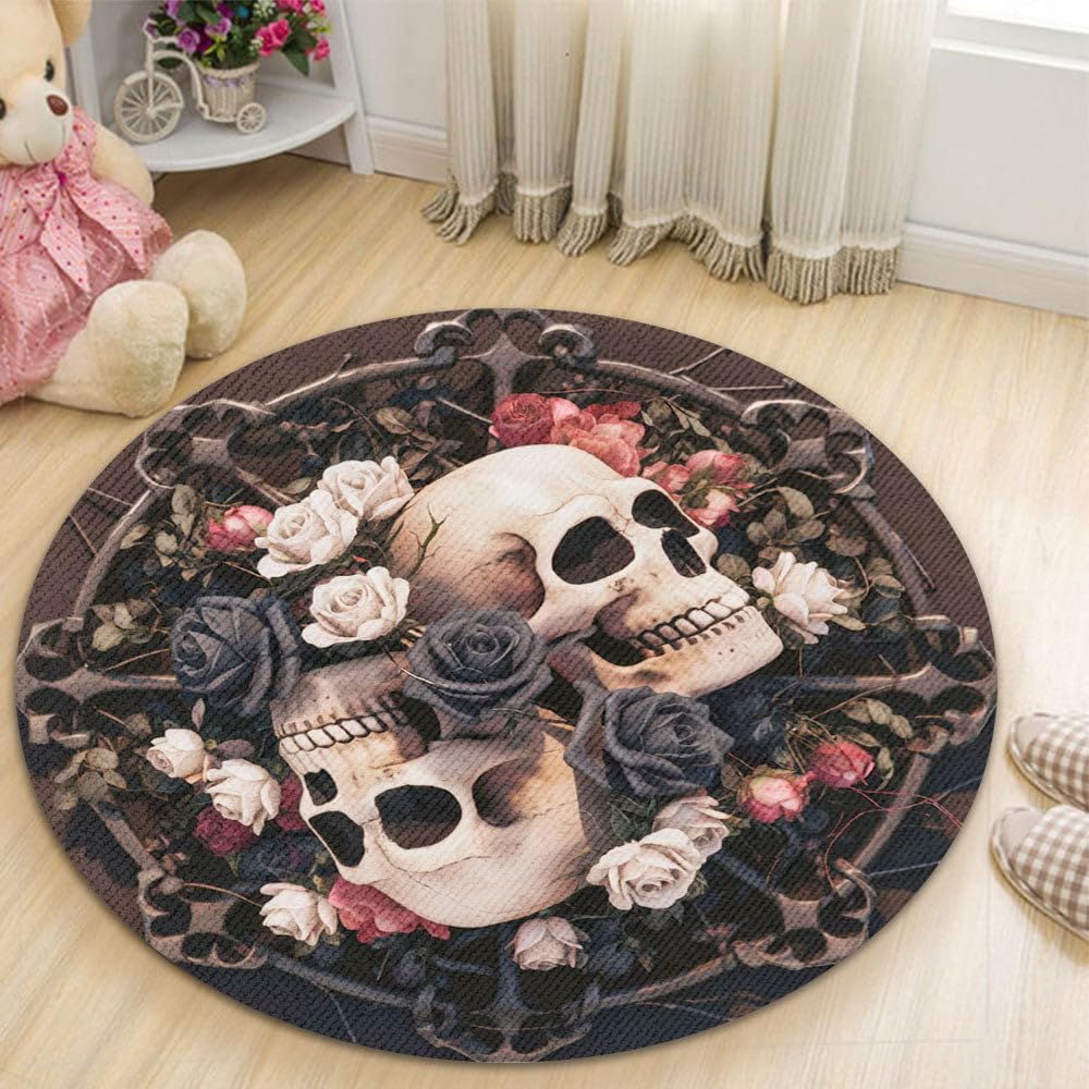 Personalized Halloween Skeleton Flowers Round Rugs, Halloween Skull Carpet Mat Dirt Resistant Soft Soothsayer Horror Flowers Skull Carpet, Gothic Décor, Skull -7