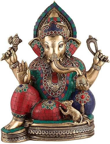CraftVatika Estatua de latón de ídolo de Ganesha grande de 1.1 pies de alto con piedra preciosa coral turquesa colorida (Ganesh, Vinayak, Lambodar,