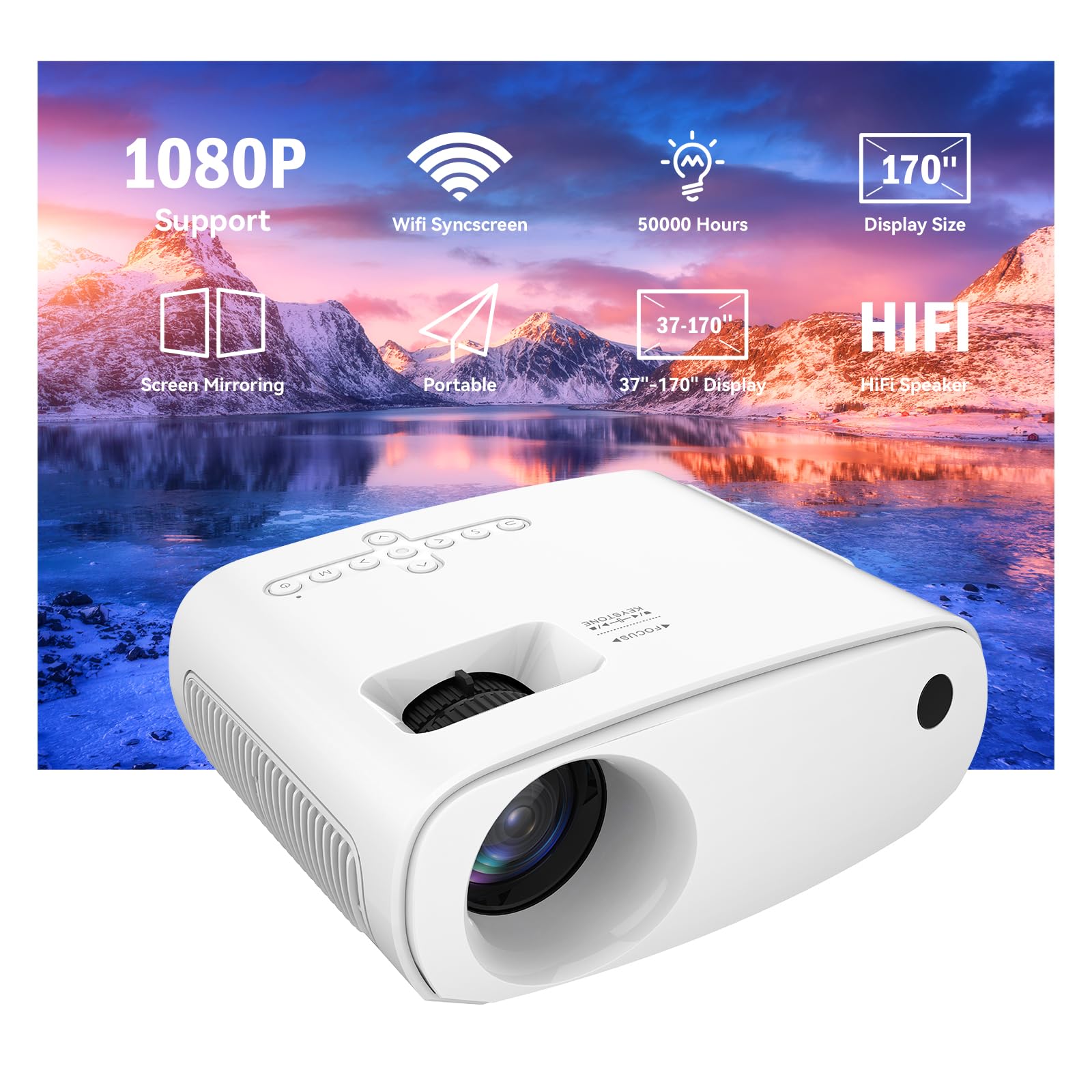 Mini proiettore con WiFi e Bluetooth – Proiettore cinematografico portatile per esterni 1080P Full HD compatibile con HDMI/telefono/tablet/laptop/TV Stick/PS4