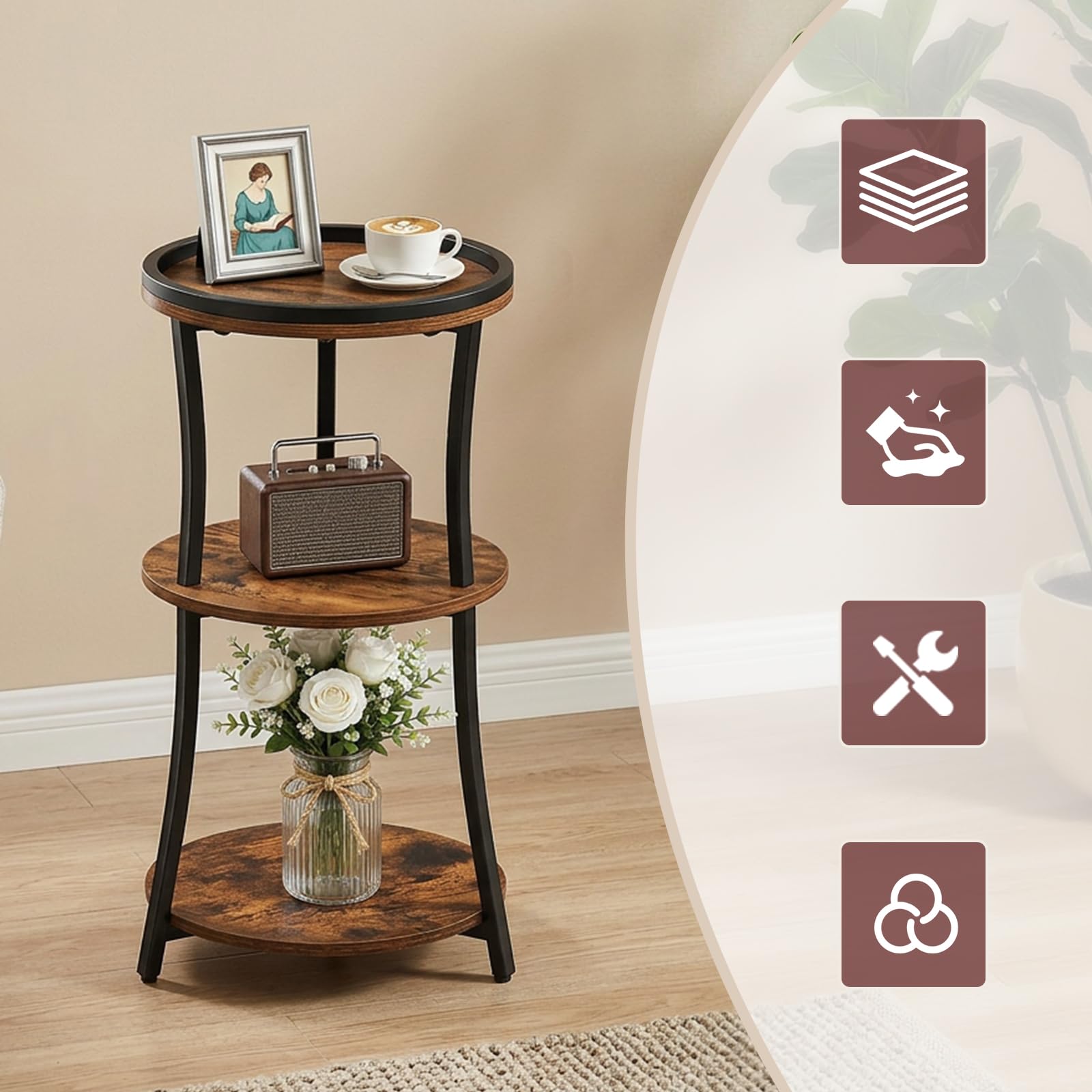 MAHANCRIS Table d’Appoint Ronde avec Bord Légèrement Surélevé, Table de Chevet à 3 Niveaux avec Rangement, Table de Style Industriel, pour Salon, Chambre, Marron Rustique et Noir AETHR3201