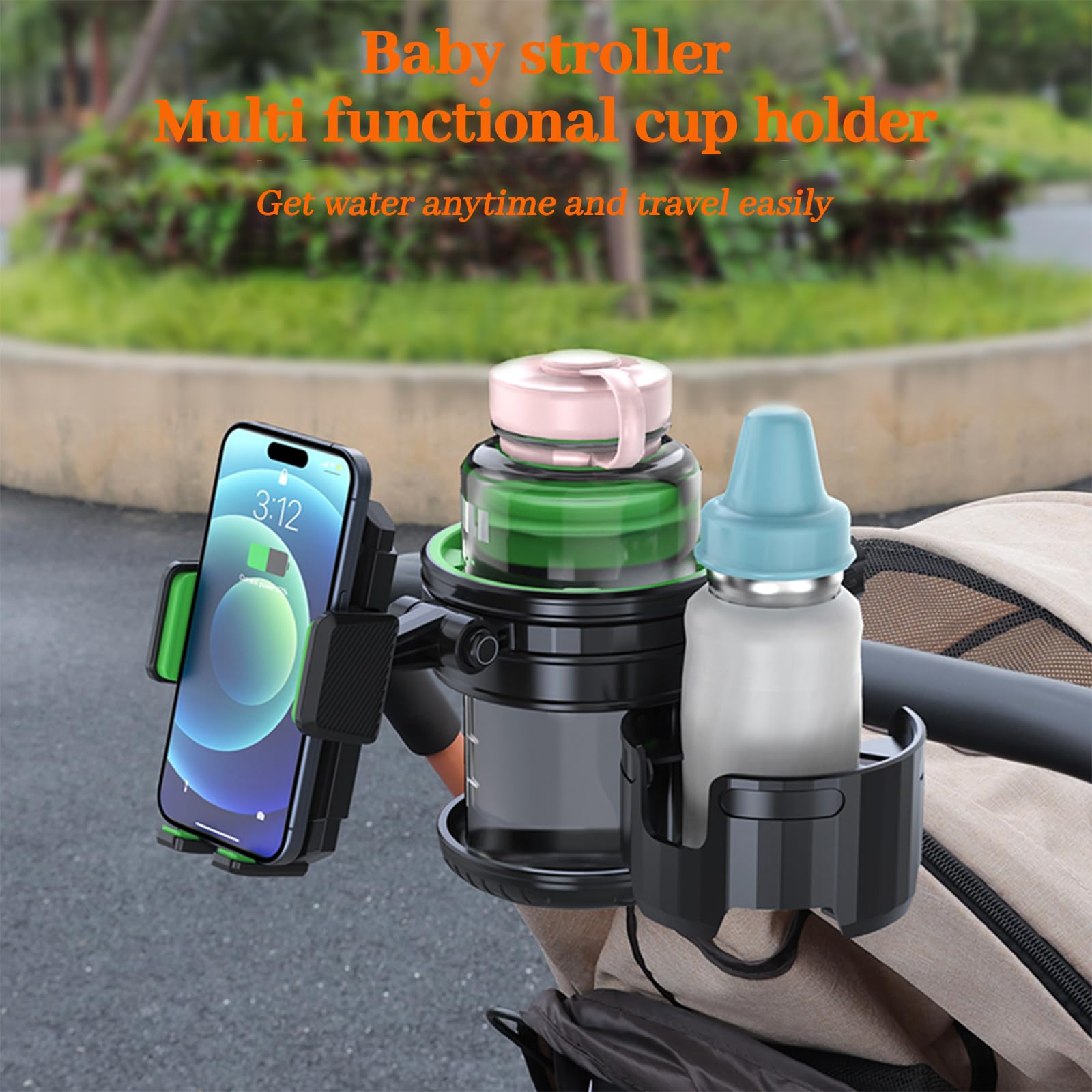 4-in-1 Universal Cup Holder for Stroller Bicycle, Wheelchair & Shopping Cart, Green - Image 2