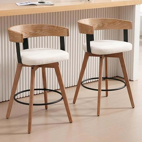 HEAH-YO Juego de 2 taburetes de bar giratorios de 26 pulgadas de altura de mostrador con respaldo de barril, blanco, estilo moderno de mediados de