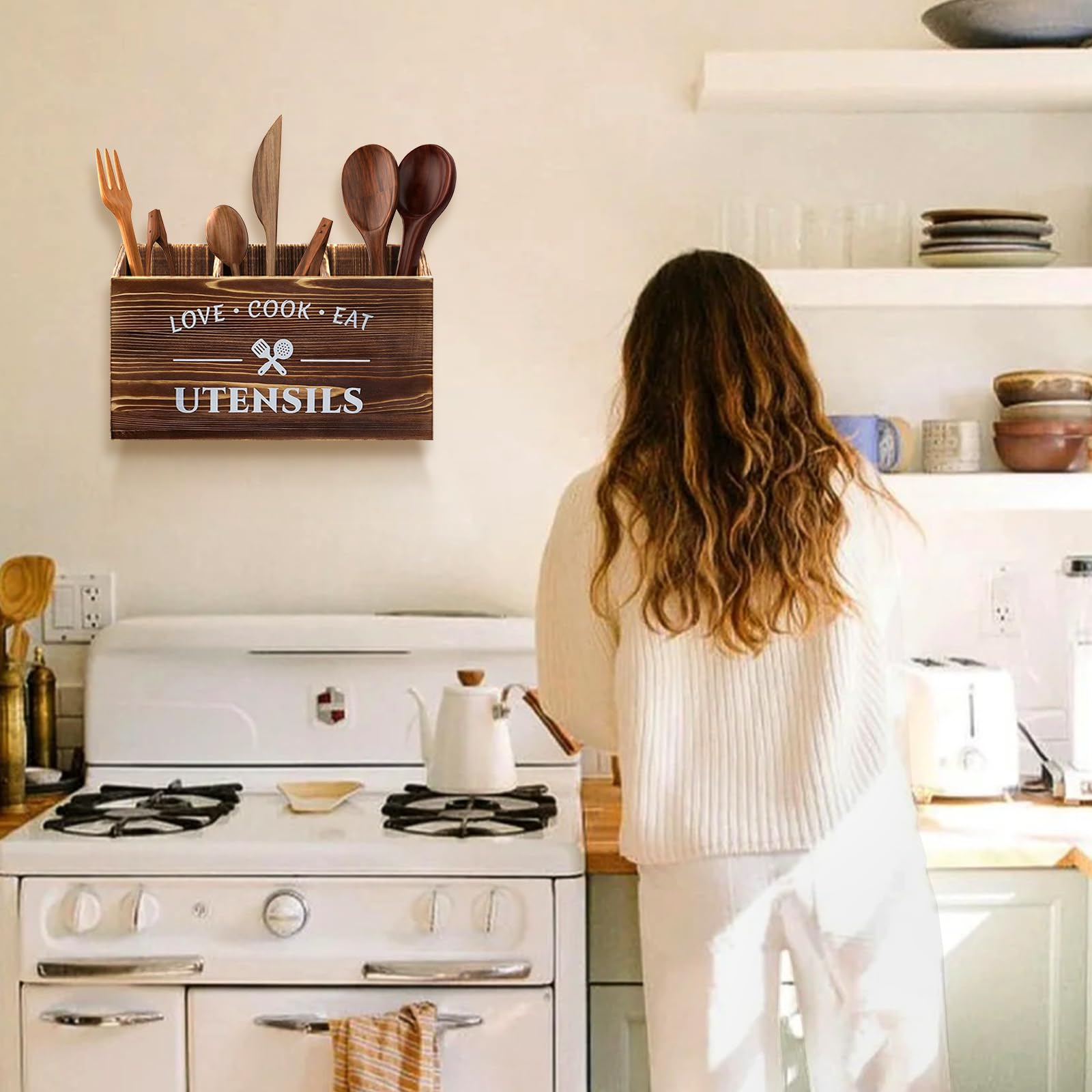 Organizer Da Cucina,3 Scomparti Per Utensili Da Cucina In Legno,Portautensili Da Cucina In Legno,Organizer Per Utensili Da Lavoro, in legno rustico (Marrone)